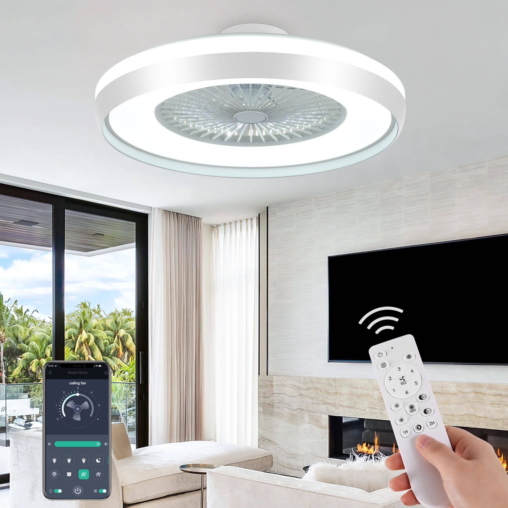 24' Low Profile Ceiling Fan with Light, Smart 3 Color Dimmable 6 Speeds Timing, Remote/APP Control, Modern Enclosed Flush Mount Invisible Fan Blade Reversible Ceiling Fan, Black