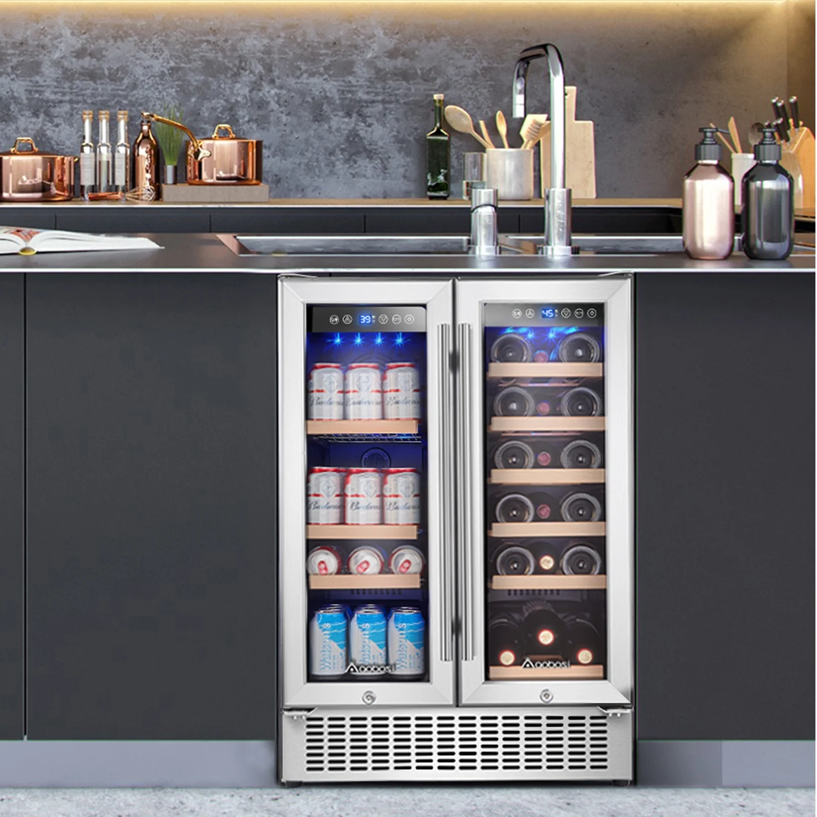 Aobosi 24in Wine and Beverage Refrigerator 2-in-1 for 18 Bottles & 57 Cans with Temperature Adjustment for Built-in & Freestanding, Dual Zone Wine Cooler Fridge