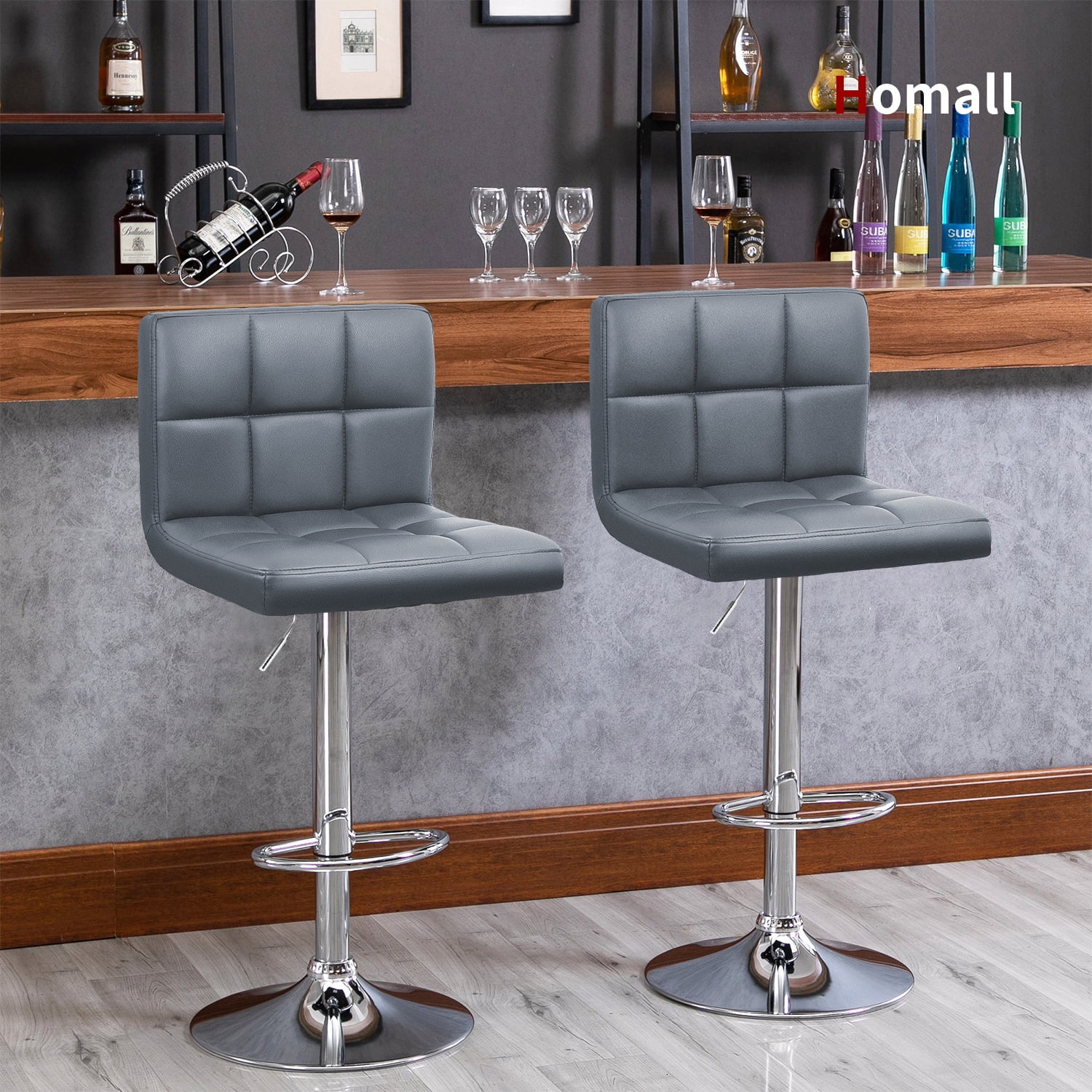 Homall Bar Stools Set Of 2 Modern PU Leather Height Adjustable Swivel Barstools, Hydraulic Kitchen Counter Square Island BarStool With Back, Gray