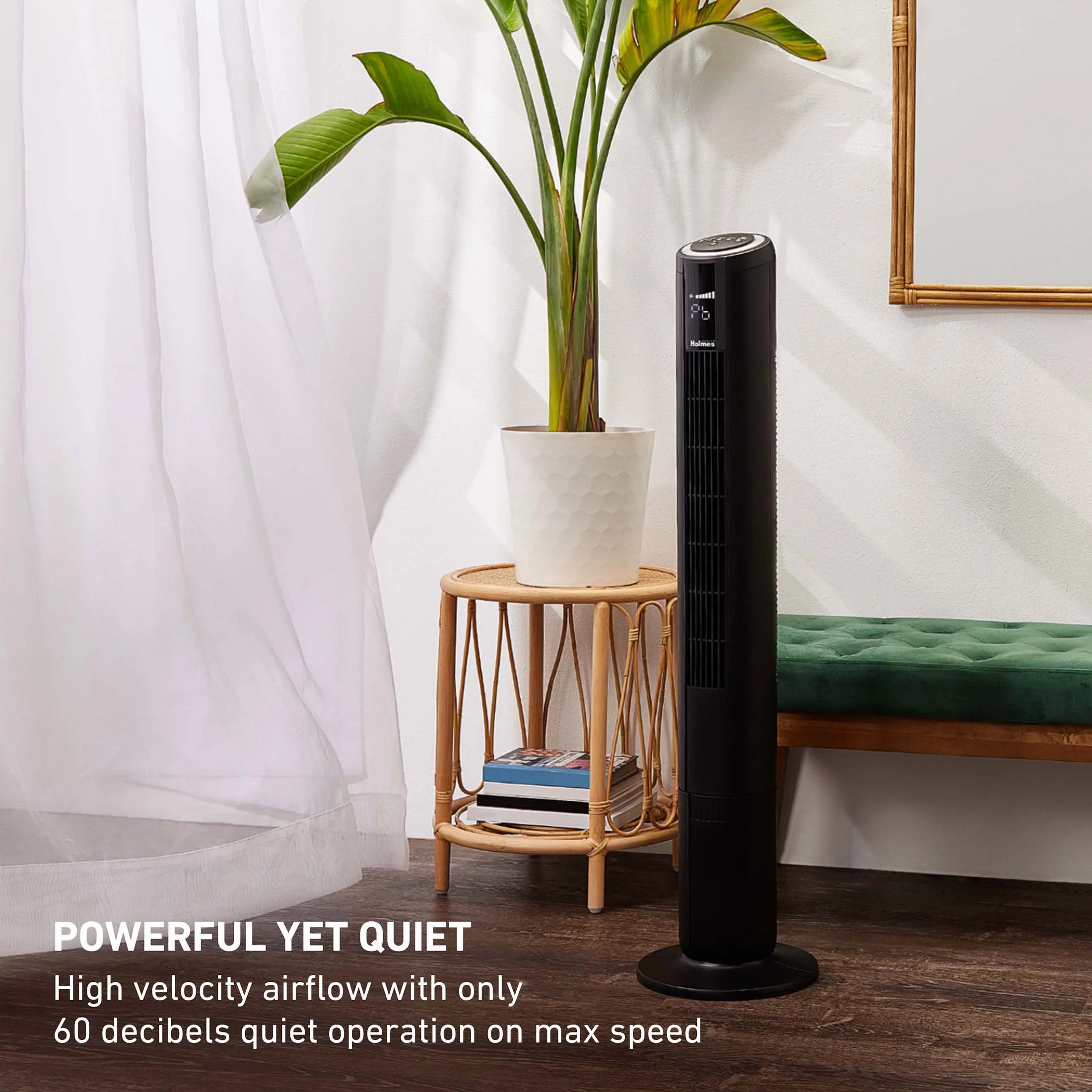 Holmes 42' Oscillating Digital Tower Fan with Built-In Multi-Color RGB Accent Light, 5 Speeds, Remote Control, Black