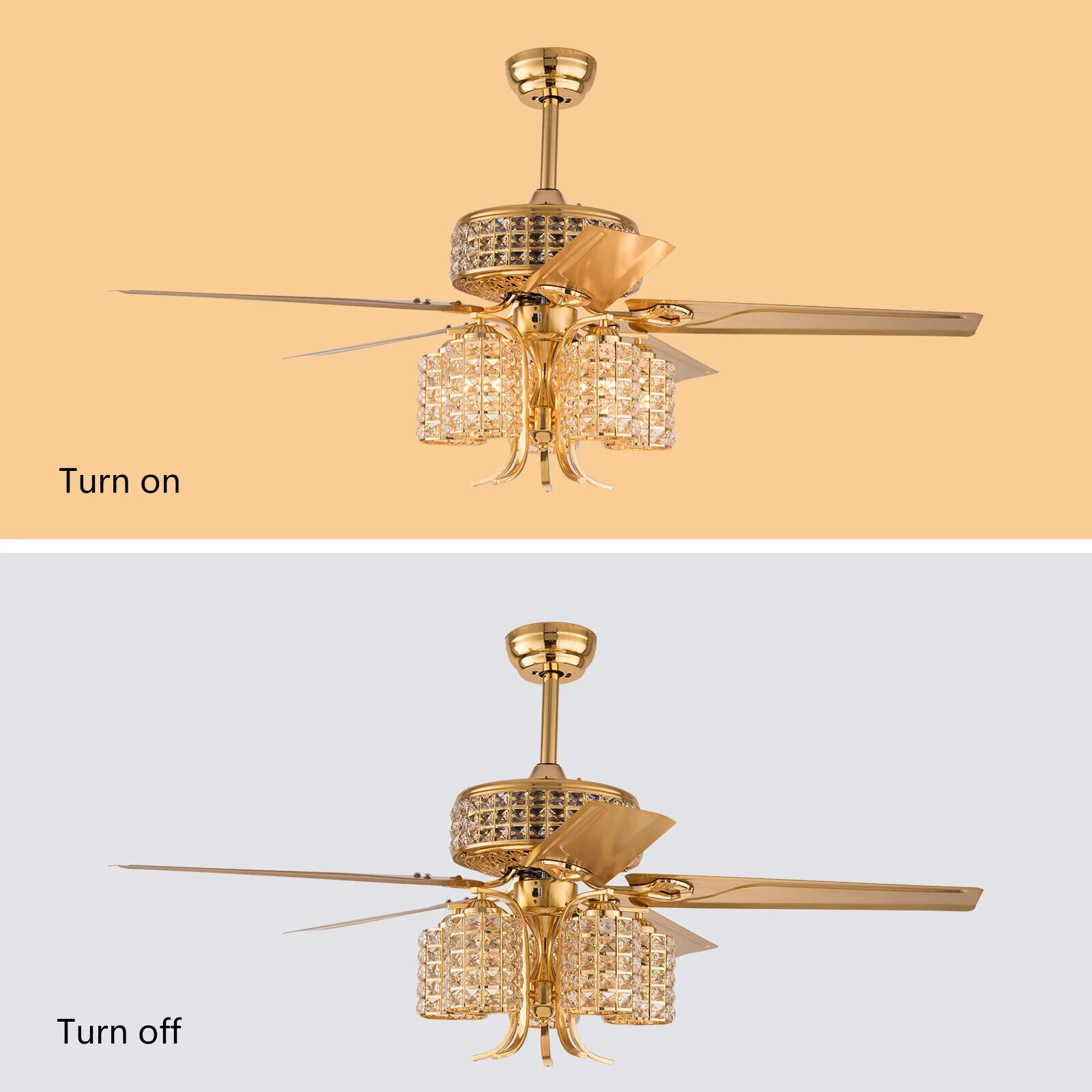 52' Modern Gold Ceiling Fan Light 5 Metal Blades Lamp Crystal Chandelier+Remote