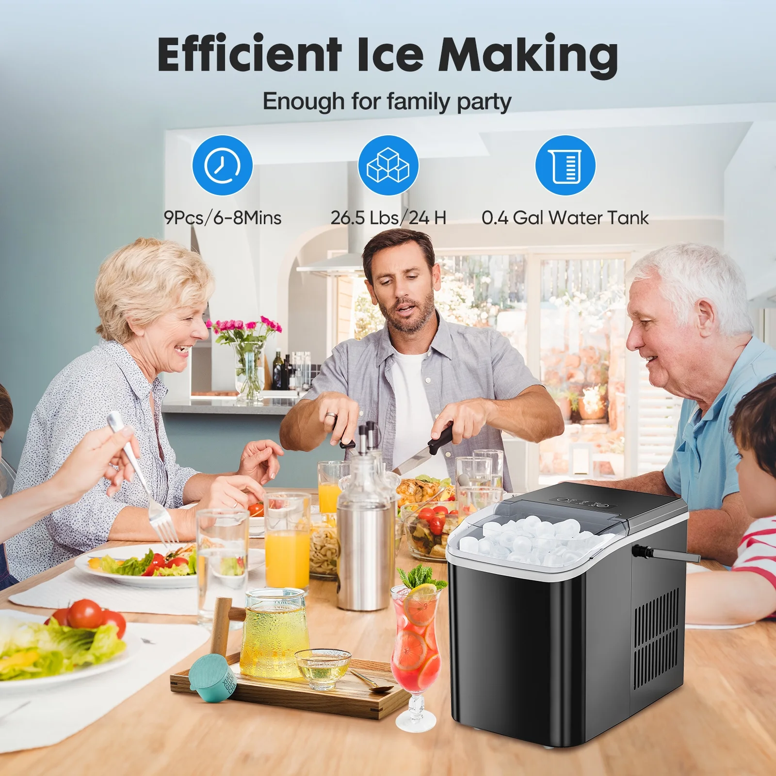 Countertop Ice Maker,DFITO Portable Ice Machine with Carry Handle, 9 Cubes in 8 Mins, 26Lbs/24H, for Home Kitchen Office Bar Party(Black)