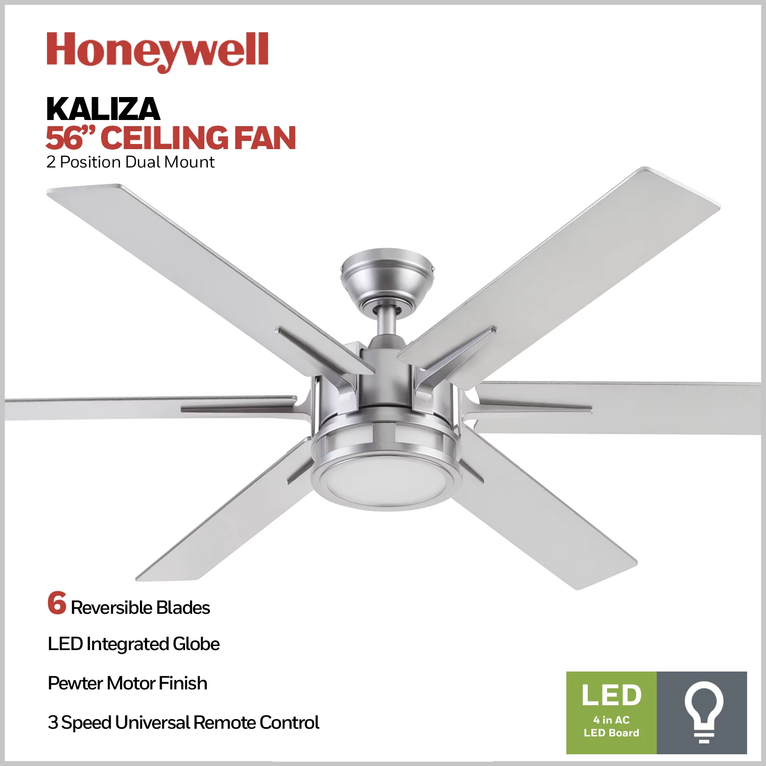 Honeywell Kaliza 56' 6 Blades Ceiling Fan, Sattin