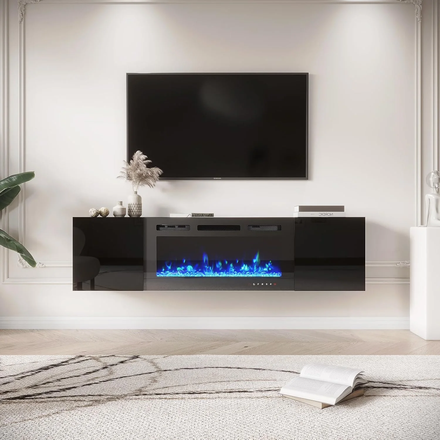 Hommow 70'' Floating Fireplace TV Stand with 36'' Electric Fireplace, Entertainment Center with 12 Color Led Lights, TV Console for TVs up to 80'' for Living Room, Black