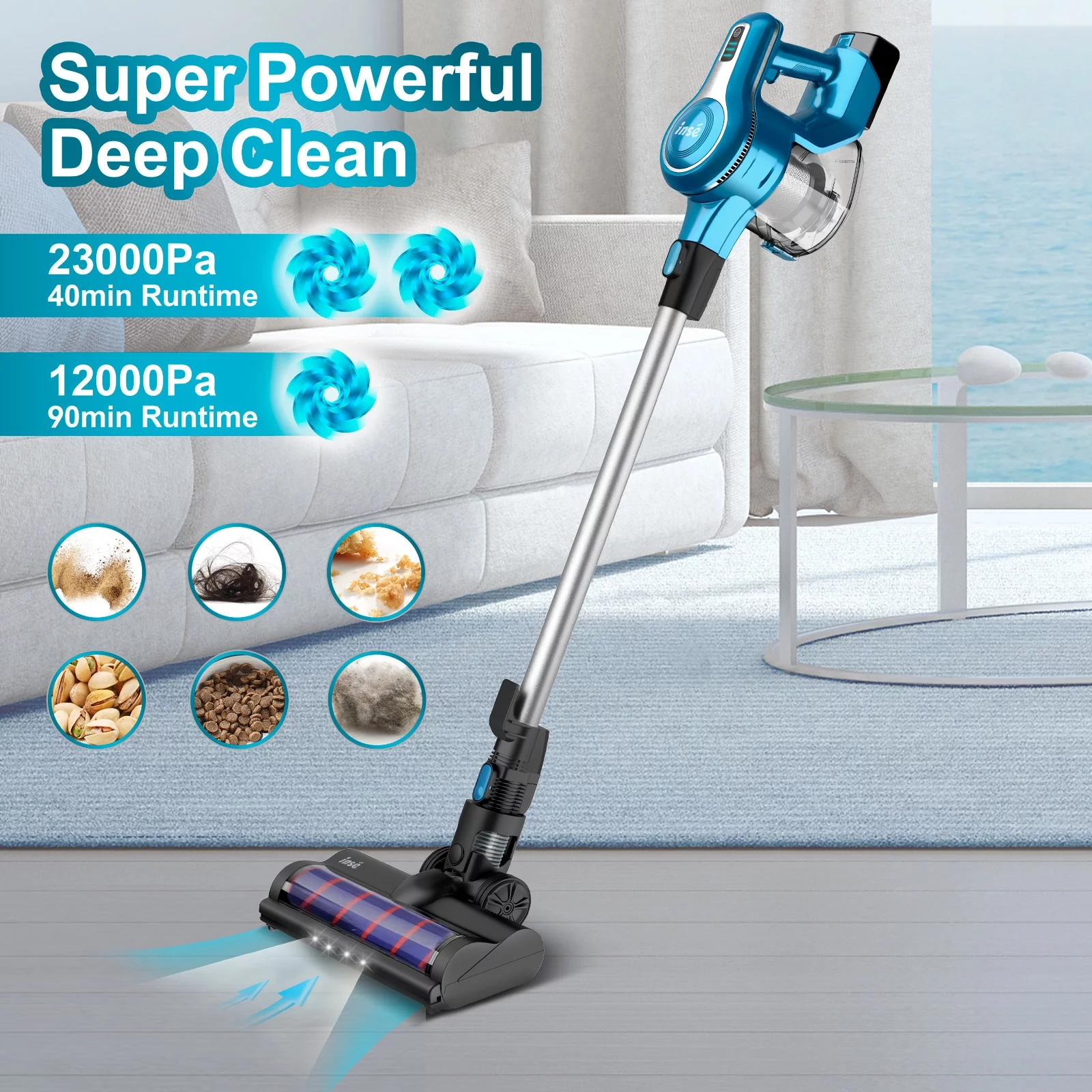 INSE S6P Cordless Vacuum Cleaner, Up to 90 Minutes Run-time, Rechargeable 2 Batteries Replaceable, for Hardwood Floor Carpet Pet