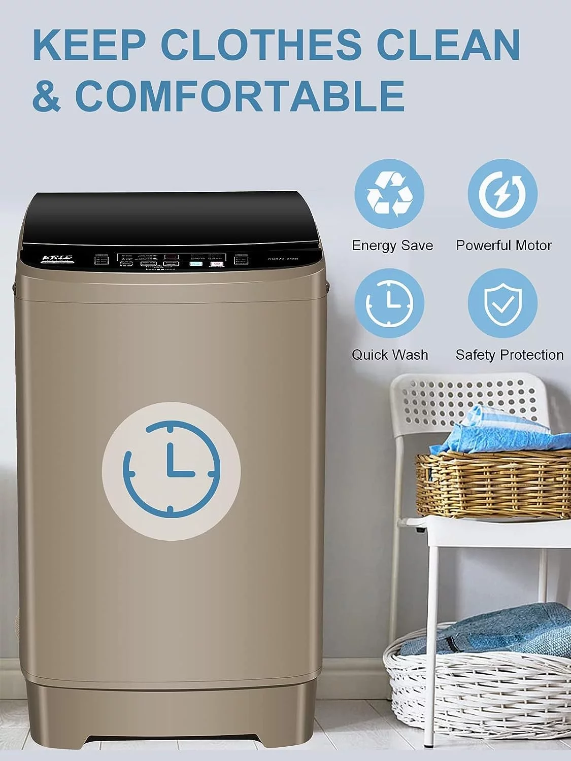 KRIB BLING 17.7 lbs Full Automatic Washing Machine with LED Display Compact Washing Machine with Drain Dump, 10 Wash Programs and 8 Water Levels Ideal for Dorms, Apartments, Coffee Gold