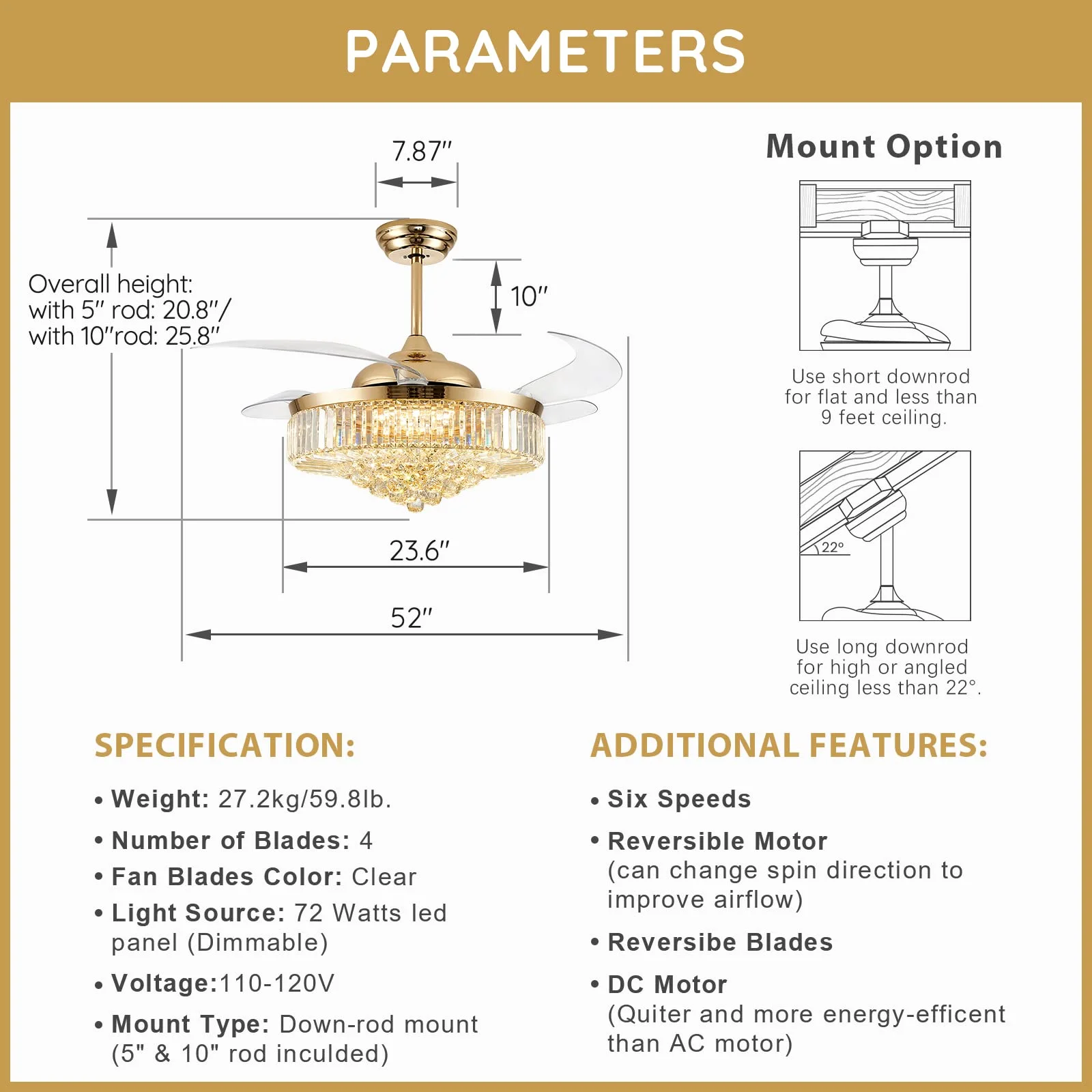 HOOMEDELIER?52' Crystal Ceiling Fan with Light Remote/App Control,Modern Dimmable Led Ceiling Fan with 4 Retractable Fan Blades for Living Room Bedroom-Gold