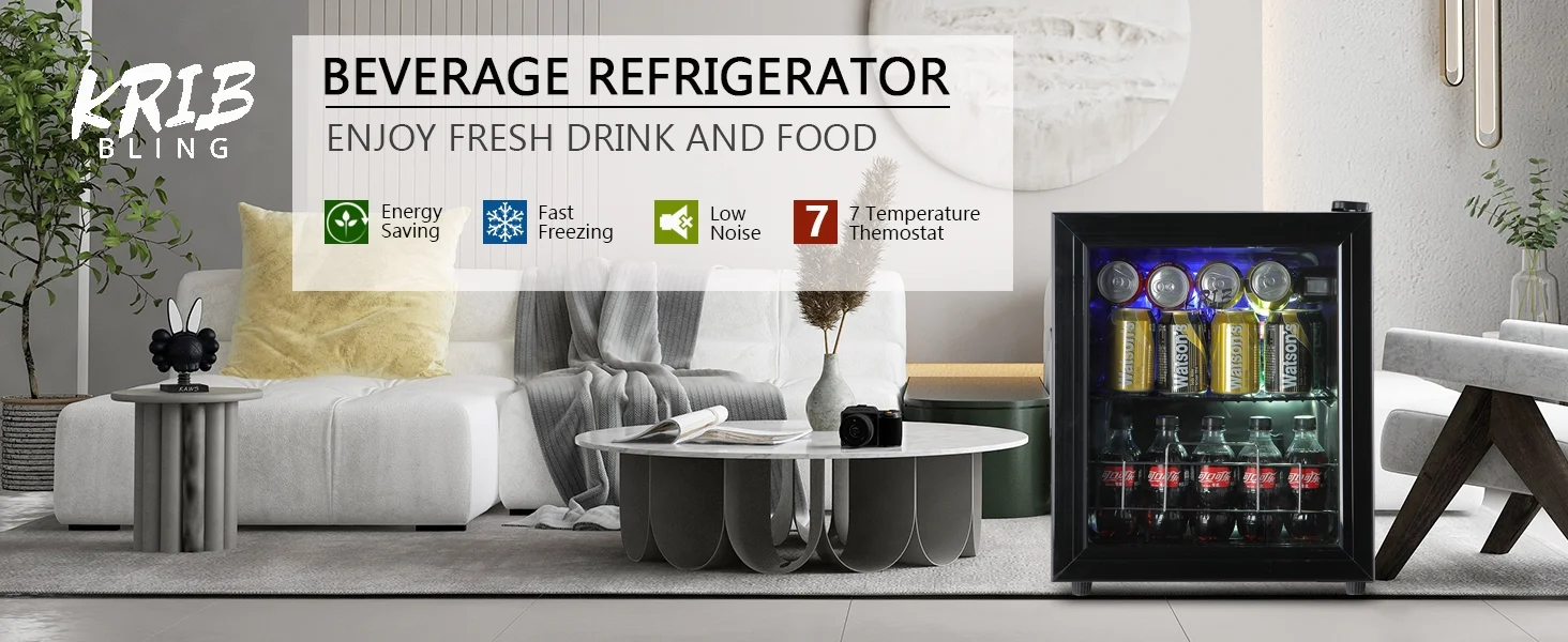 KRIB BLING Beverage Refrigerator Cooler, 75 Can Mini Fridge Glass Door for Soda Beer or Wine for Home Dorm Apartment, BLACK