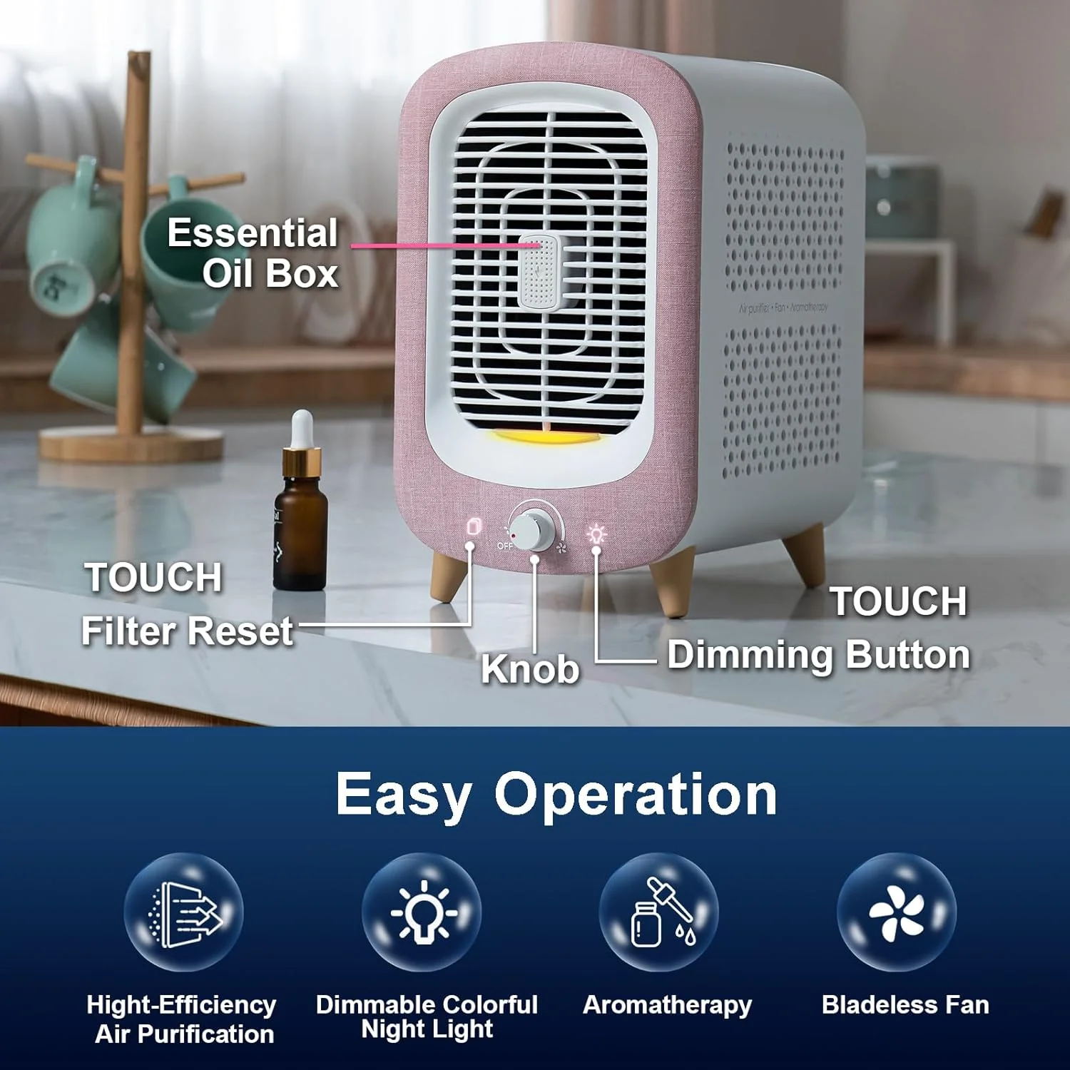 Jafanda Air Purifier Fan JF180 HEPA Air Cleaner with Aromatherapy 780 Sq.ft Coverage Pink