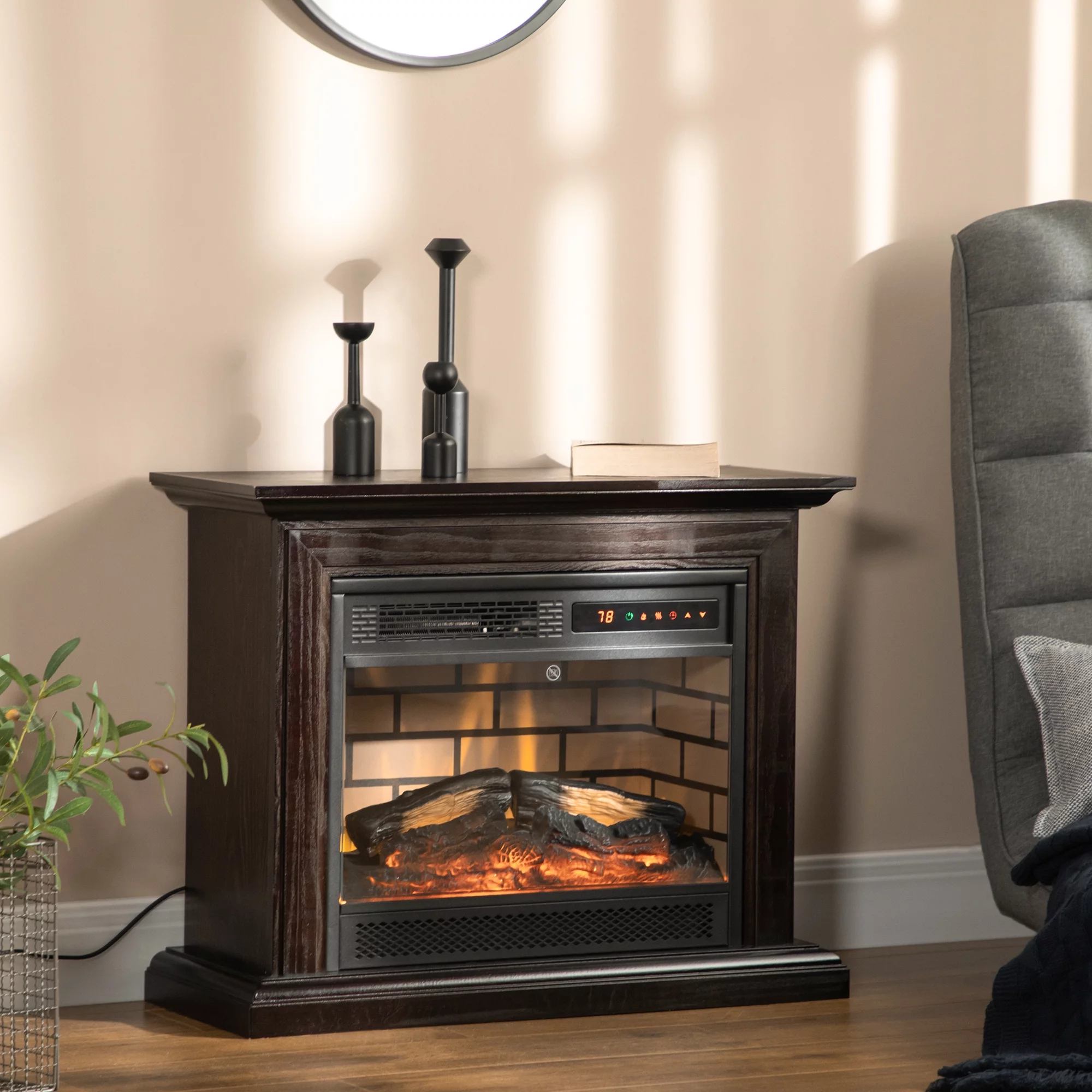 HomCom 31' Electric Fireplace with Dimmable Flame Effect and Mantel, Freestanding Heater Corner Firebox with Log Hearth and Remote Control, 1400W, Brown
