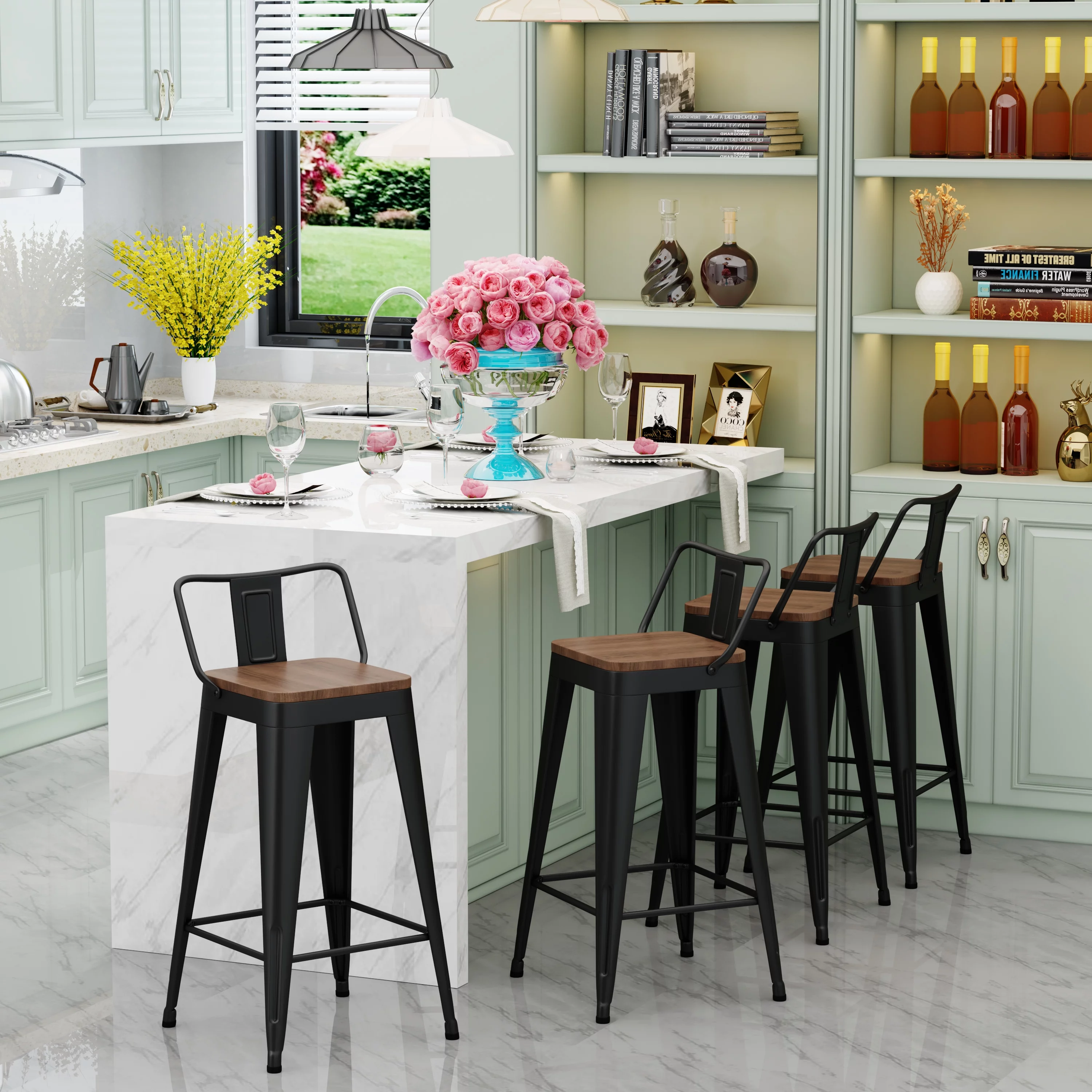 Apeaka 30 inch Bar Stools with back set of 4 counter height chair with Wood Seat metal bar stools