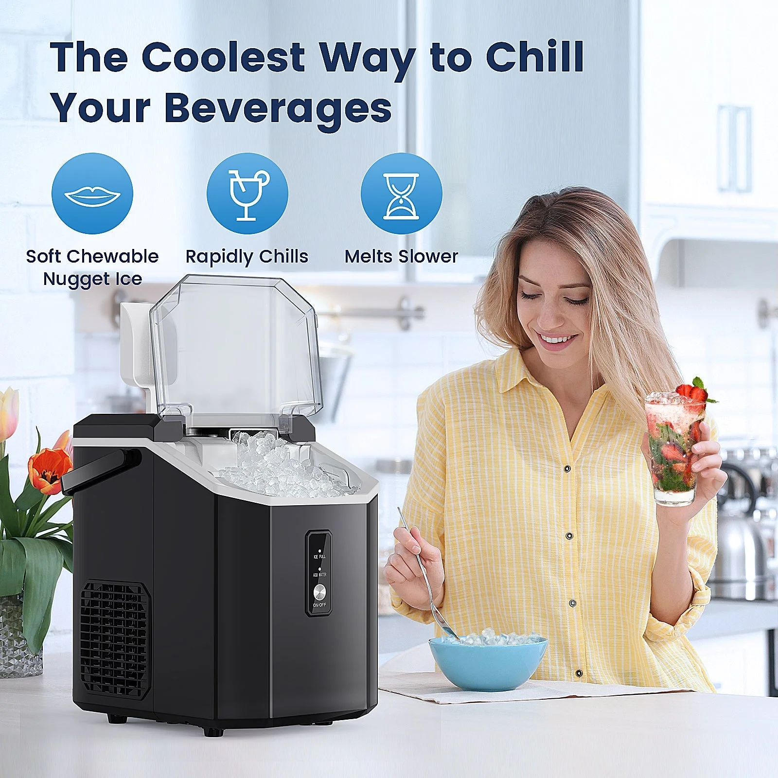 FREE VILLAGE Nugget Ice Maker Countertop, Pebble Ice Maker with 11000pcs/35lbs Soft Chewy Pellet Ice/Day, Self-Cleaning, Quiet Operation, Portable Ice Makers Countertop��Black��