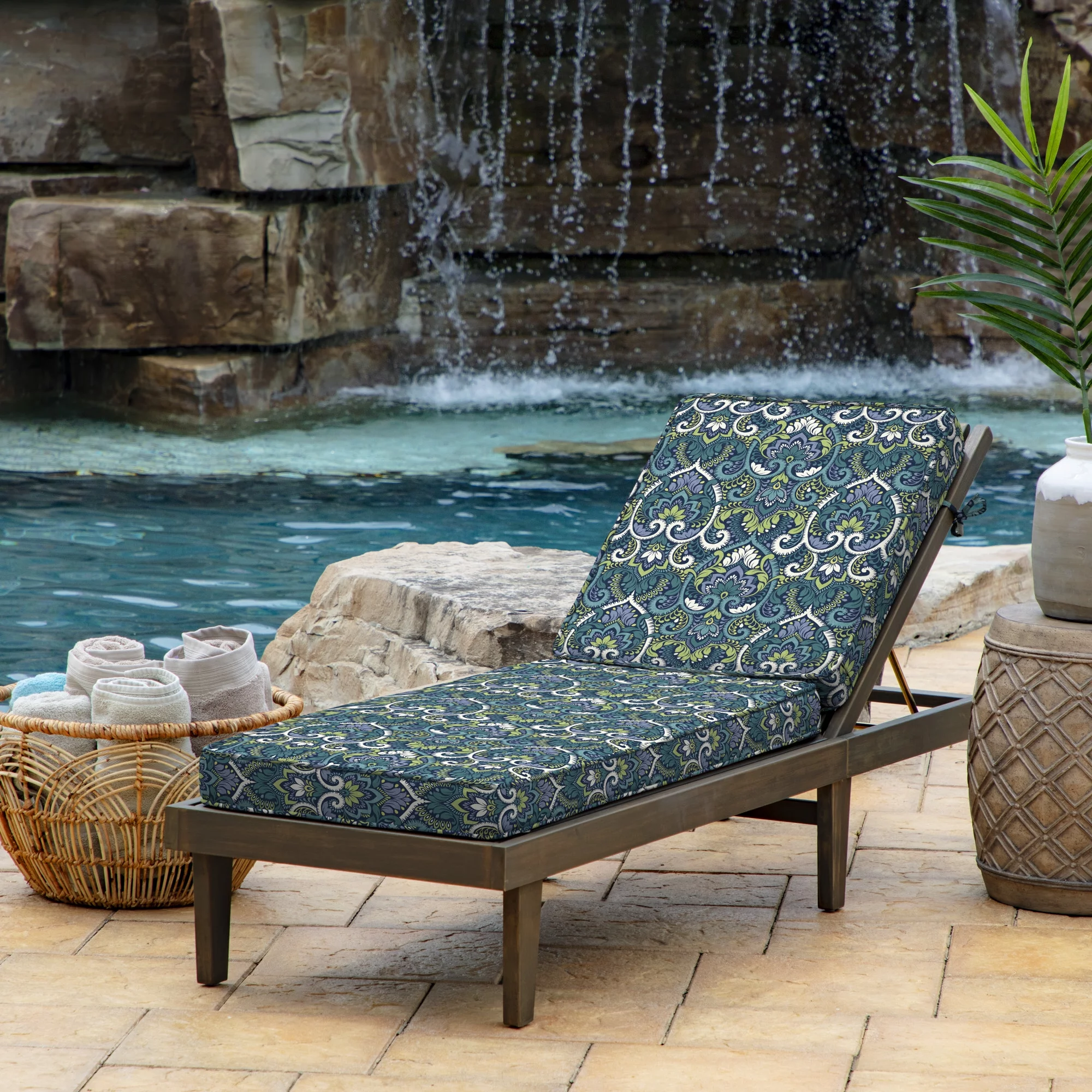 Arden Selections ProFoam 72 x 21 in Outdoor Chaise Cushion Cover, Sapphire Aurora Blue Damask