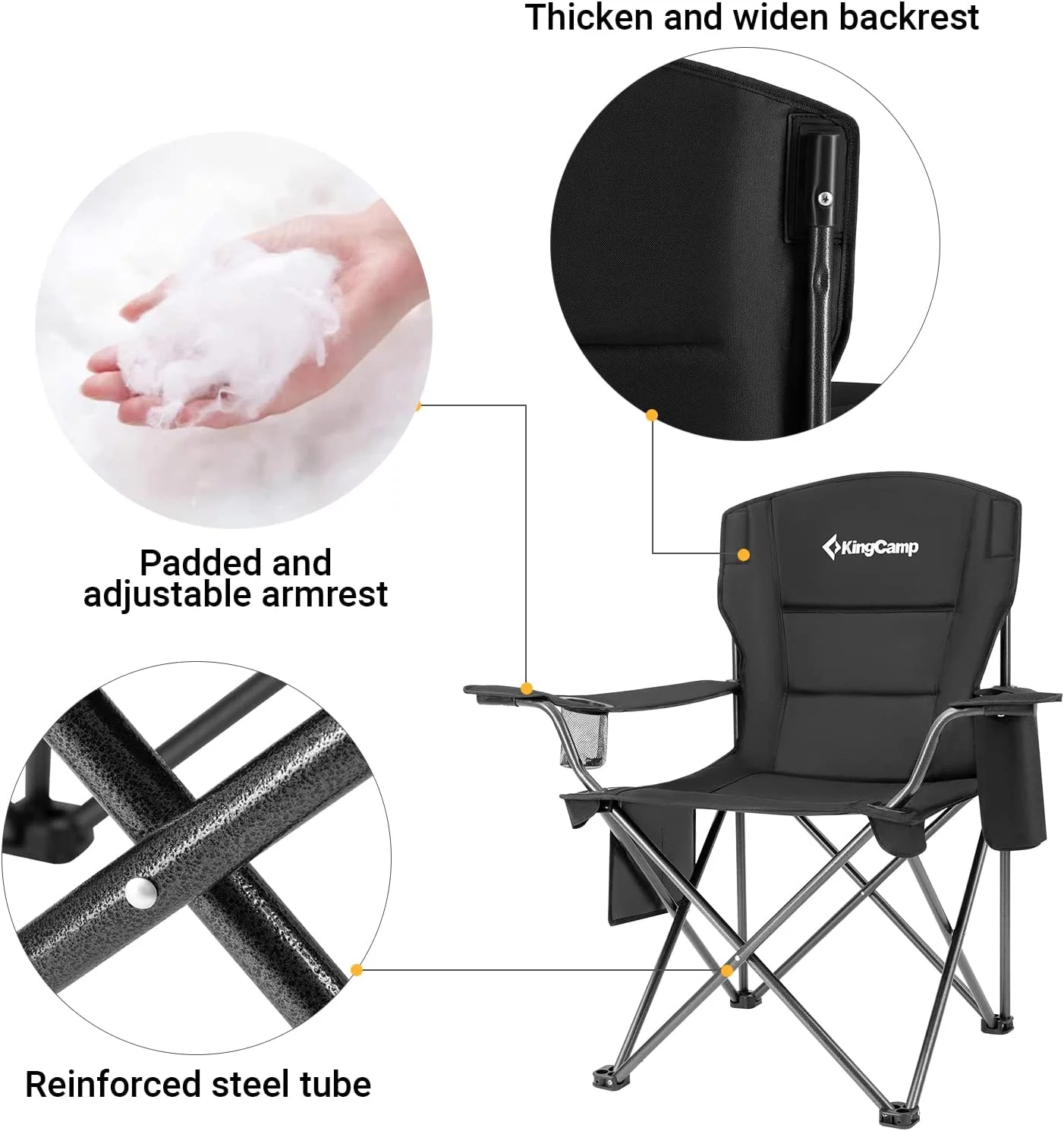 KingCamp Outdoor Camping Chair Padded Folding Chair for Adult Supports 300 lbs Black
