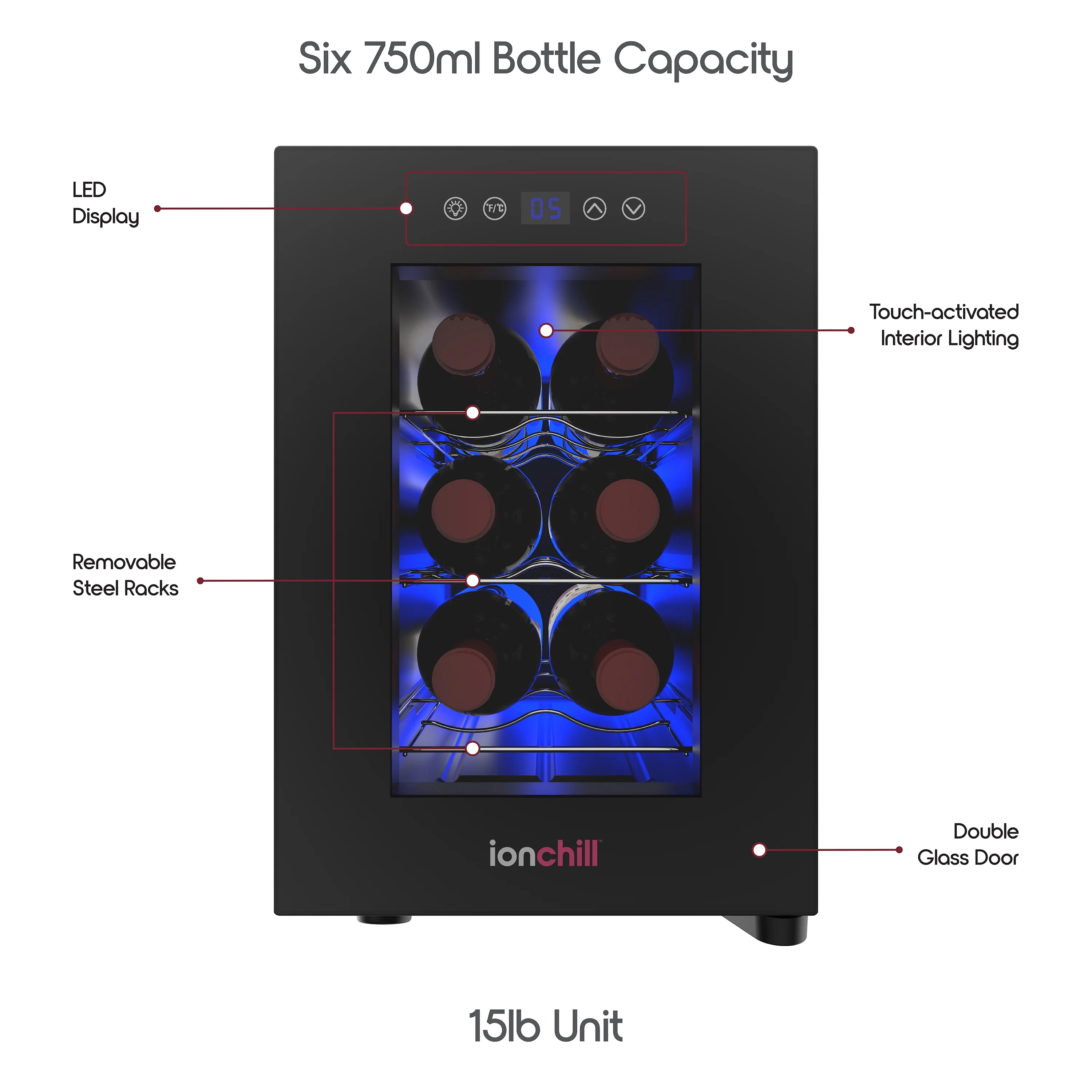 Ionchill 6-Bottle Wine Cooler, New Standard Door Mini Fridge with Wine Rack and Temp. Control, 9.75in