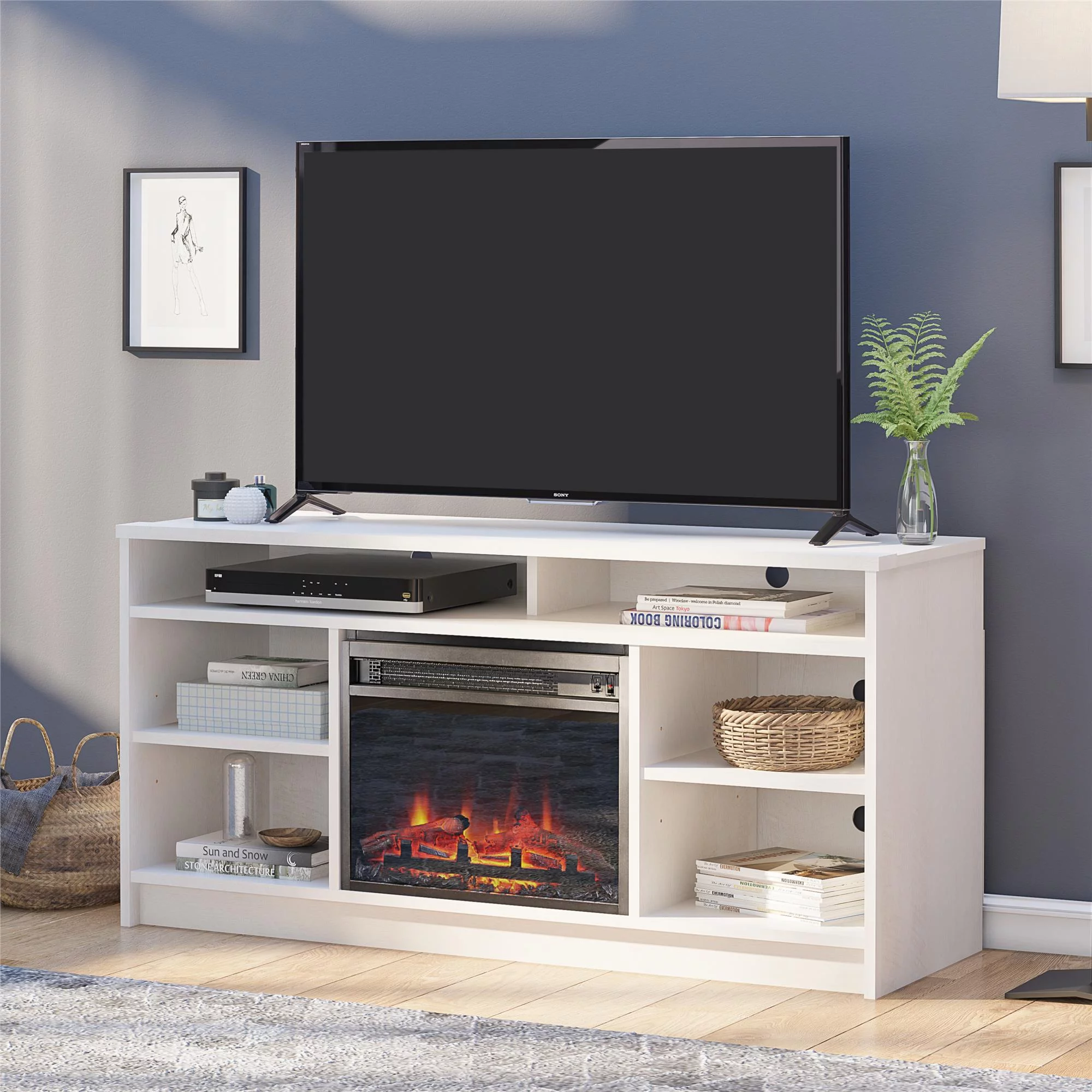 Ameriwood Home Heston 55' TV Stand with Electric Fireplace Insert and 6 Shelves, Ivory Oak