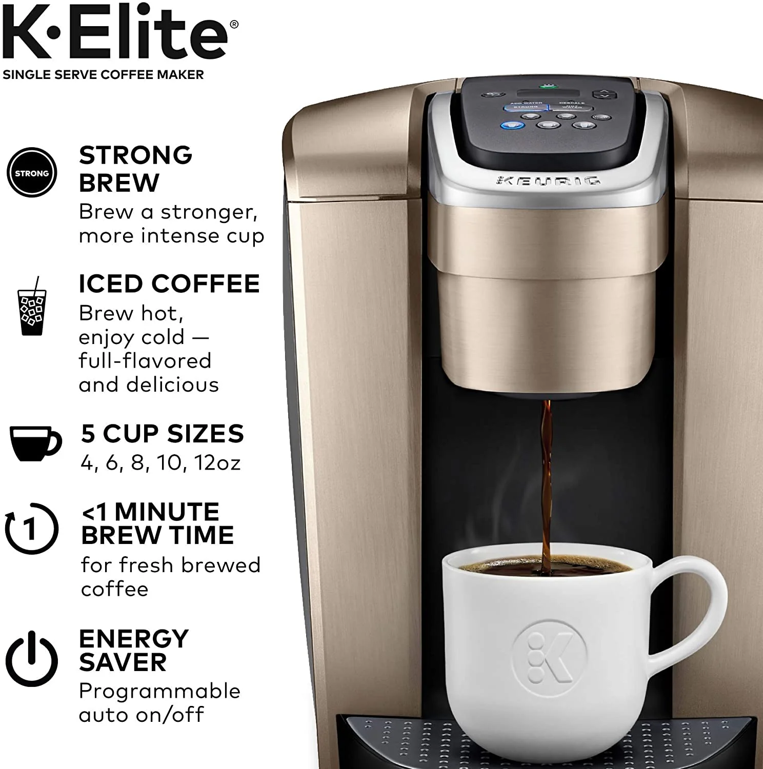 Keurig K-Elite Coffee Maker, Single Serve K-Cup Pod Coffee Brewer, With Iced Coffee Capability, Brushed Gold