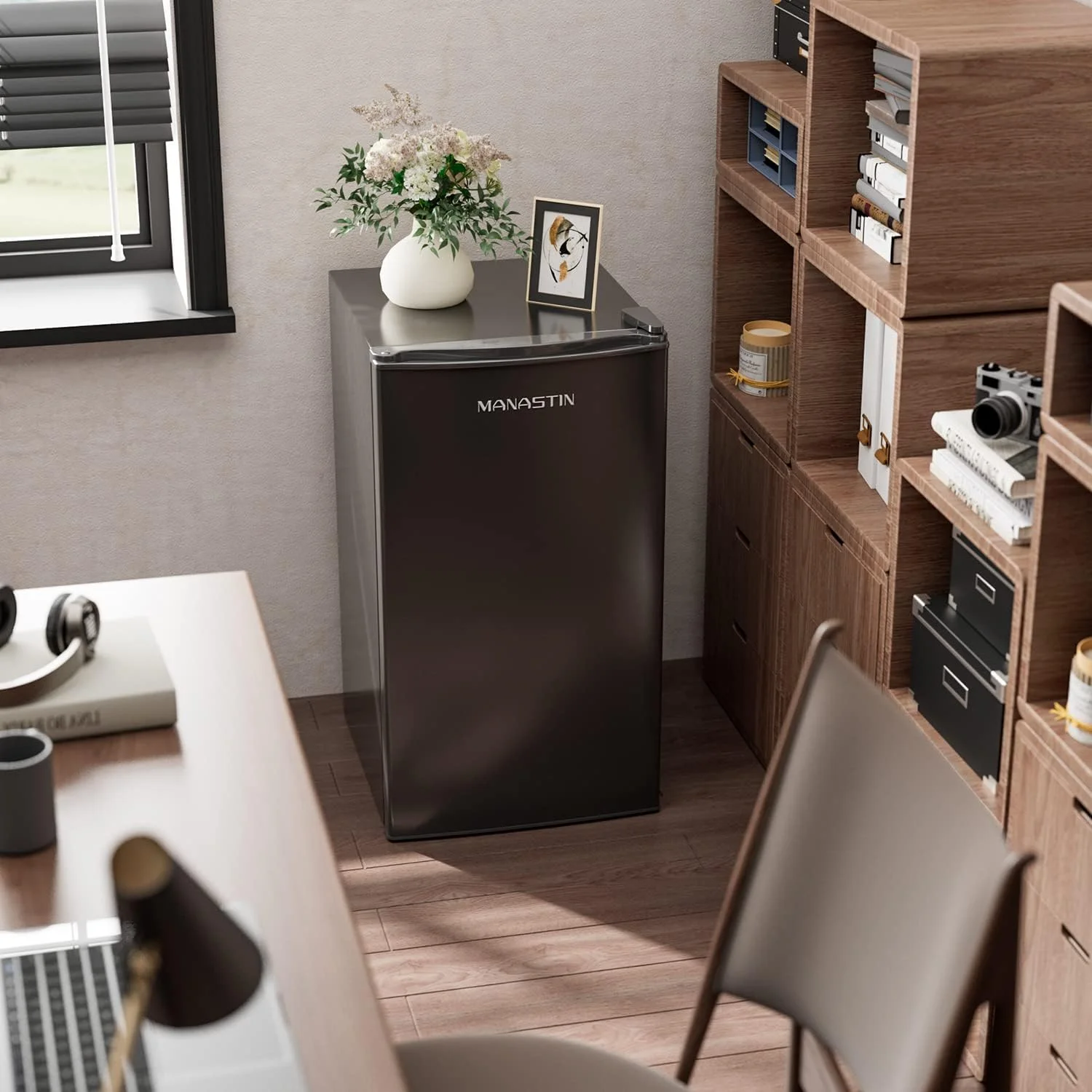 3.2 Cu. Ft Mini Fridge with Freezer for Bedroom, Dorm, Office, Compact Refrigerator with Adjustable Thermostat, Removable Glass Shelves and Reversible Door (Black)