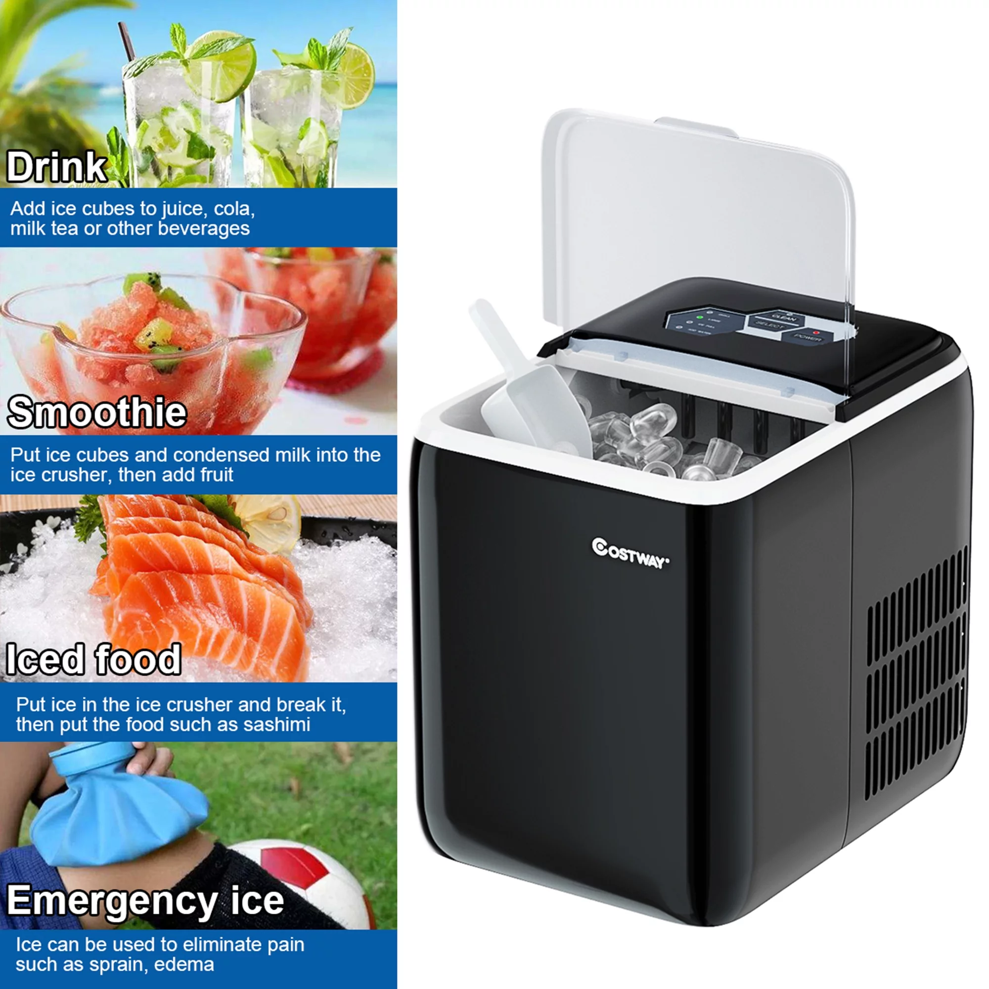 Costway Portable Countertop Ice Maker Machine 44Lbs/24H Self-Clean w/Scoop Black