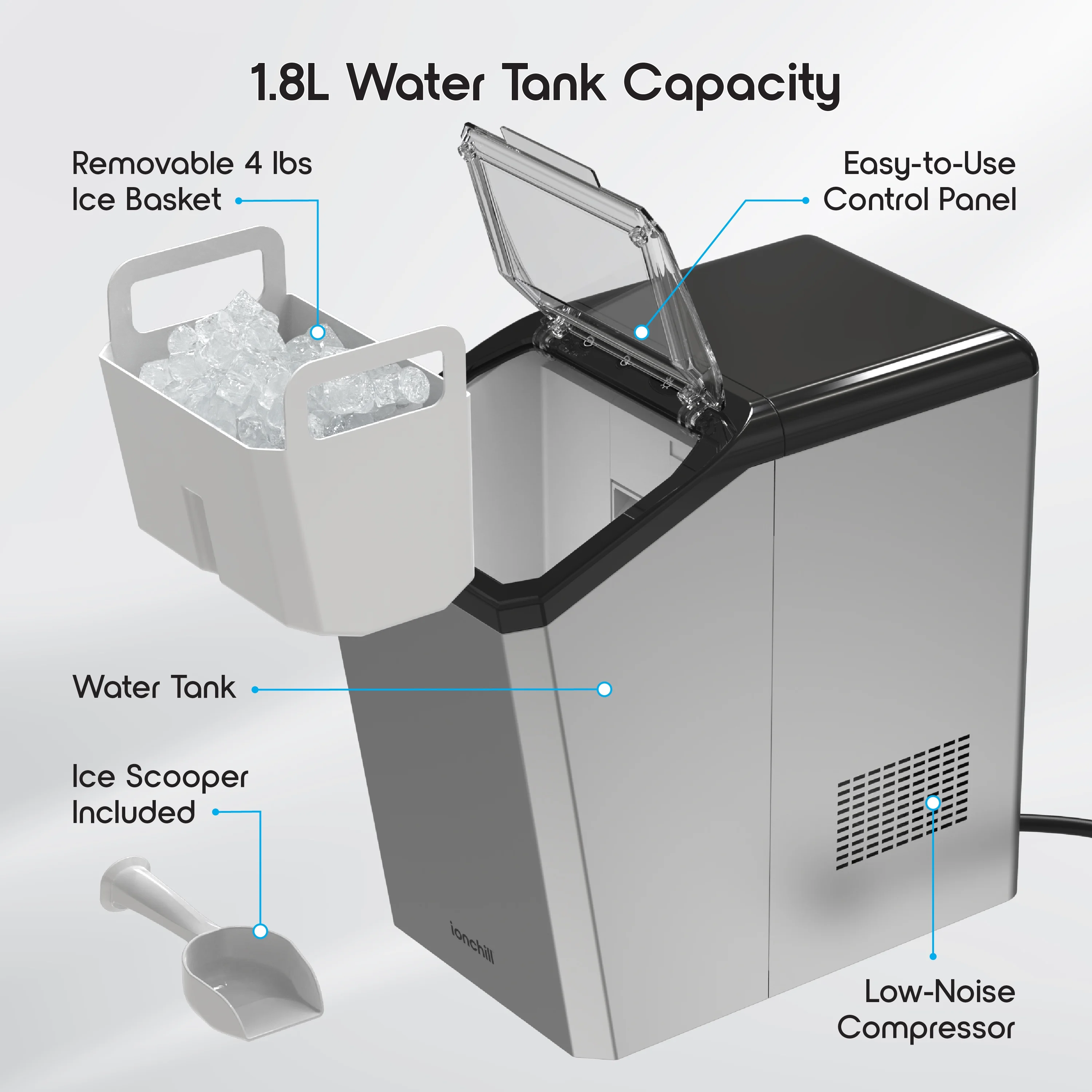Ionchill QuickCube Nugget Ice Maker, 25lbs/24hrs Compact Countertop Ice Machine