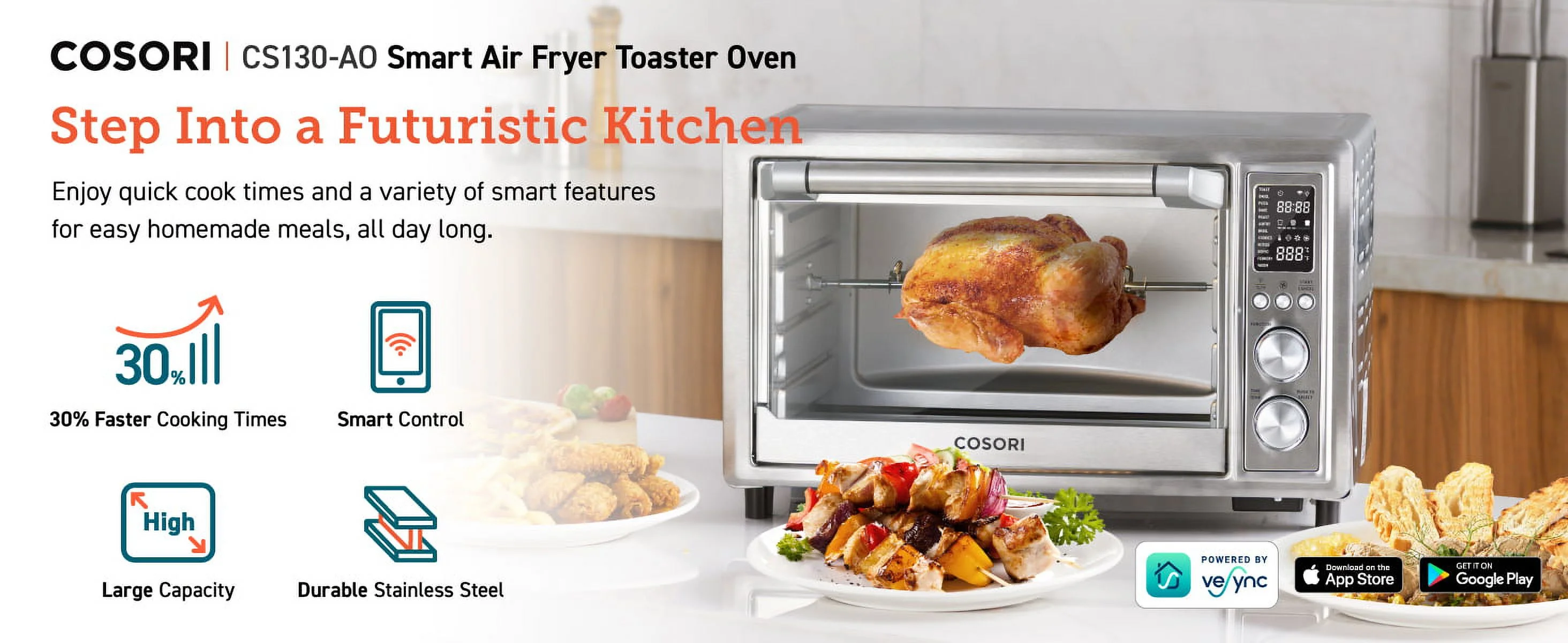 COSORI Smart Air Fryer Toaster Oven, Large 32-Quart, Stainless Steel, 12-in-1, Silver, CS130-AO
