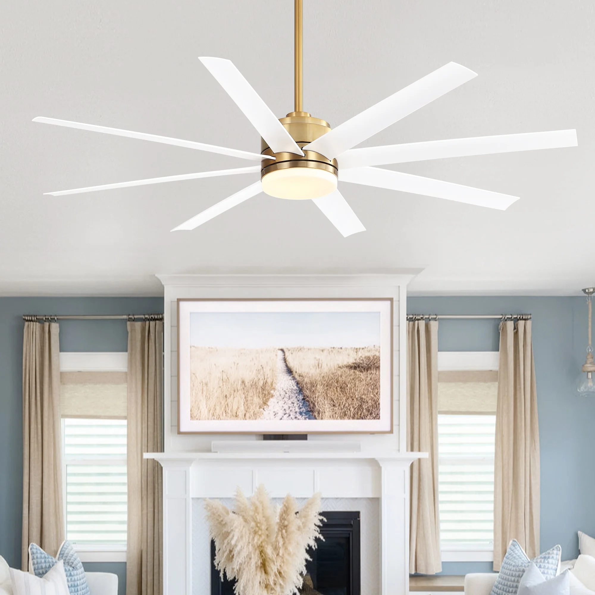 65 Inch Gold Large Morden Ceiling Fan with Light Remote(8-Blade) White