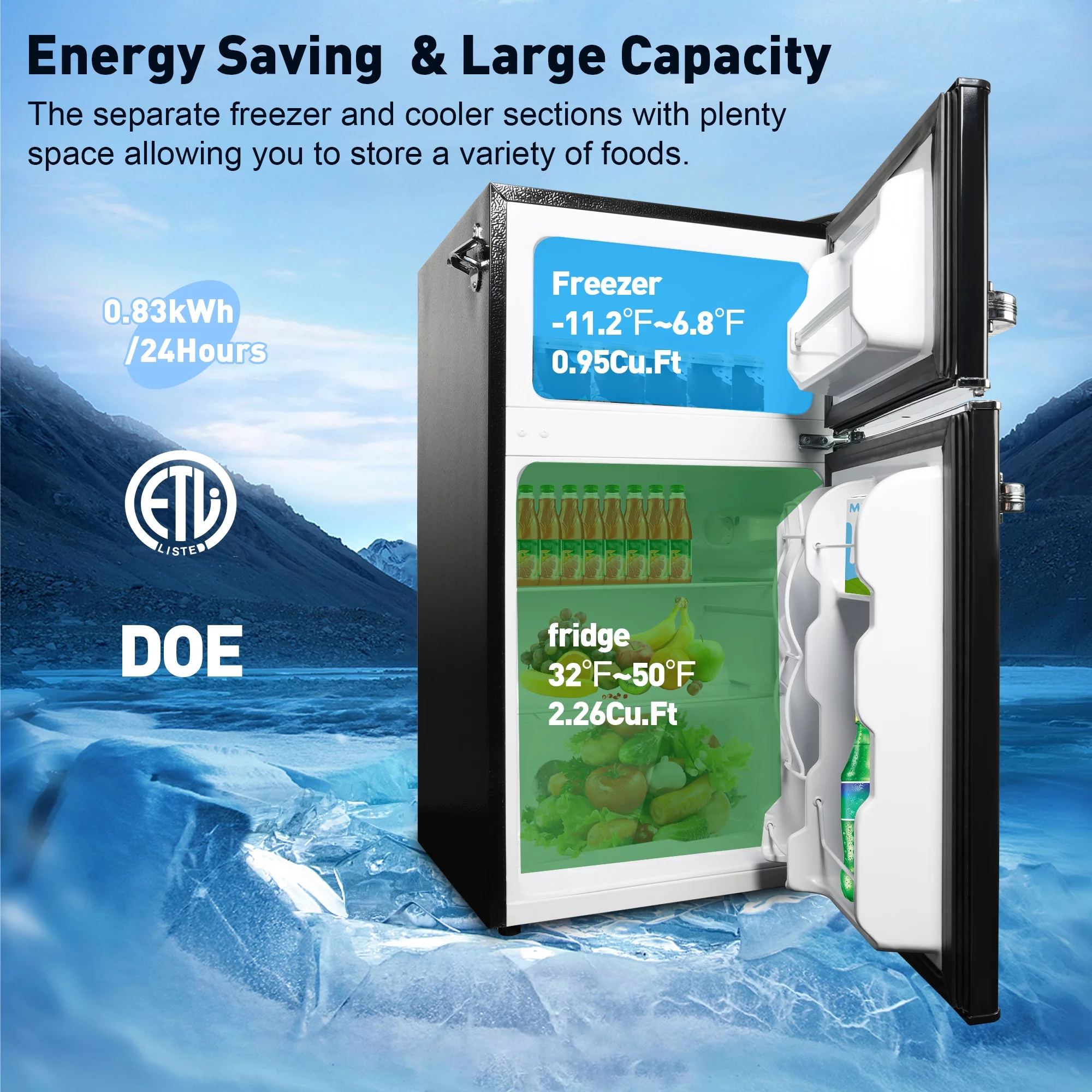 3.2 Cu.ft. Small Refrigerator with Freezer, Double- Door Black Mini Fridge, Energy Saving, Adjustable Thermostat Control, Adjustable Legs, Perfect for Apartment/Office/Dorm/Garage