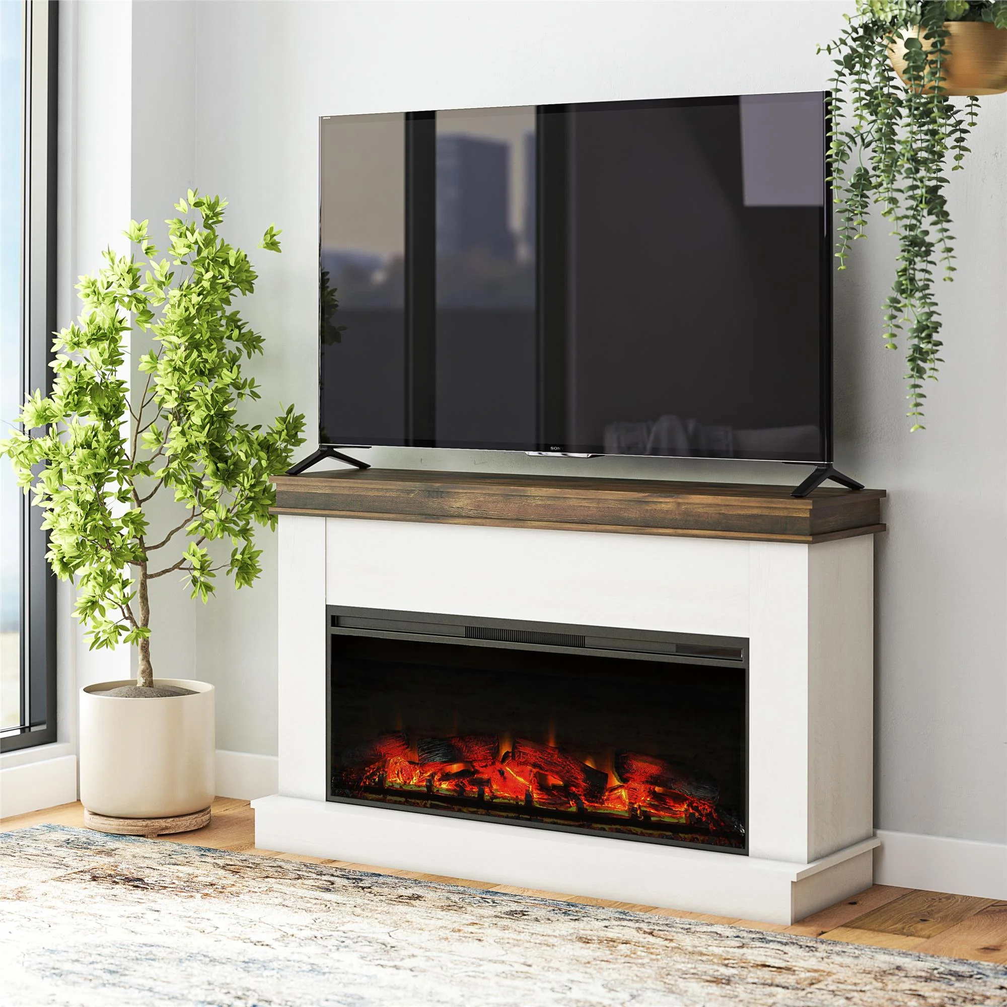 Ameriwood Home Mabrick Wide Mantel with Linear Electric Fireplace and Remote for TVs up to 65