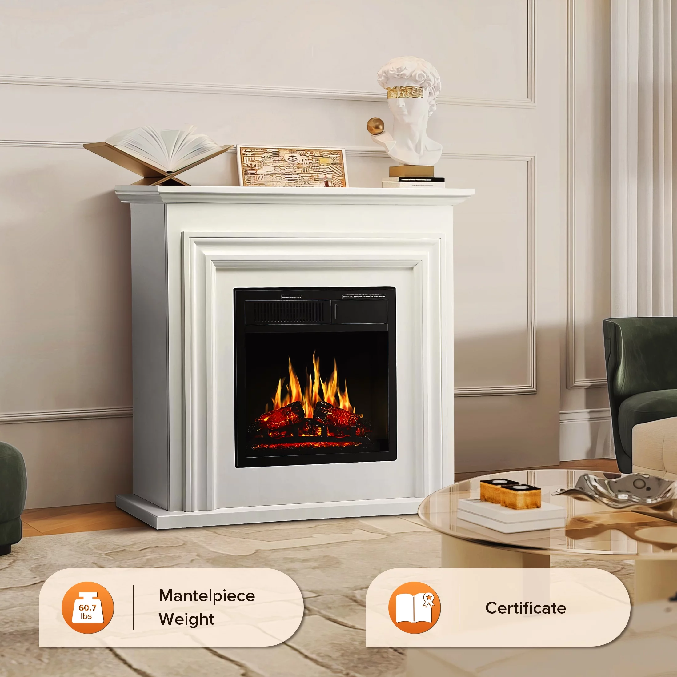 Auseo 36' Freestanding Electric Fireplace with Wood, White Mantel, Remote Control, For Rooms up to 400 Sq.Ft. Adjustable LED Flame & Heating Settings, -��White��