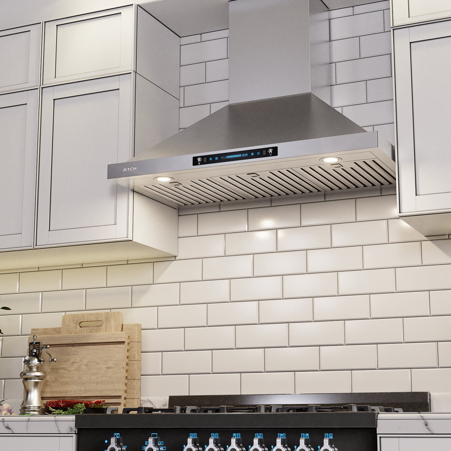 IKTCH 36 inch Wall Mount Range Hoods 900 CFM Ducted/Ductless Convertible, Kitchen Chimney Vent Stainless Steel with Gesture Sensing & Touch Control Switch Panel, 2 Pcs Adjustable Lights(IKP02-36)