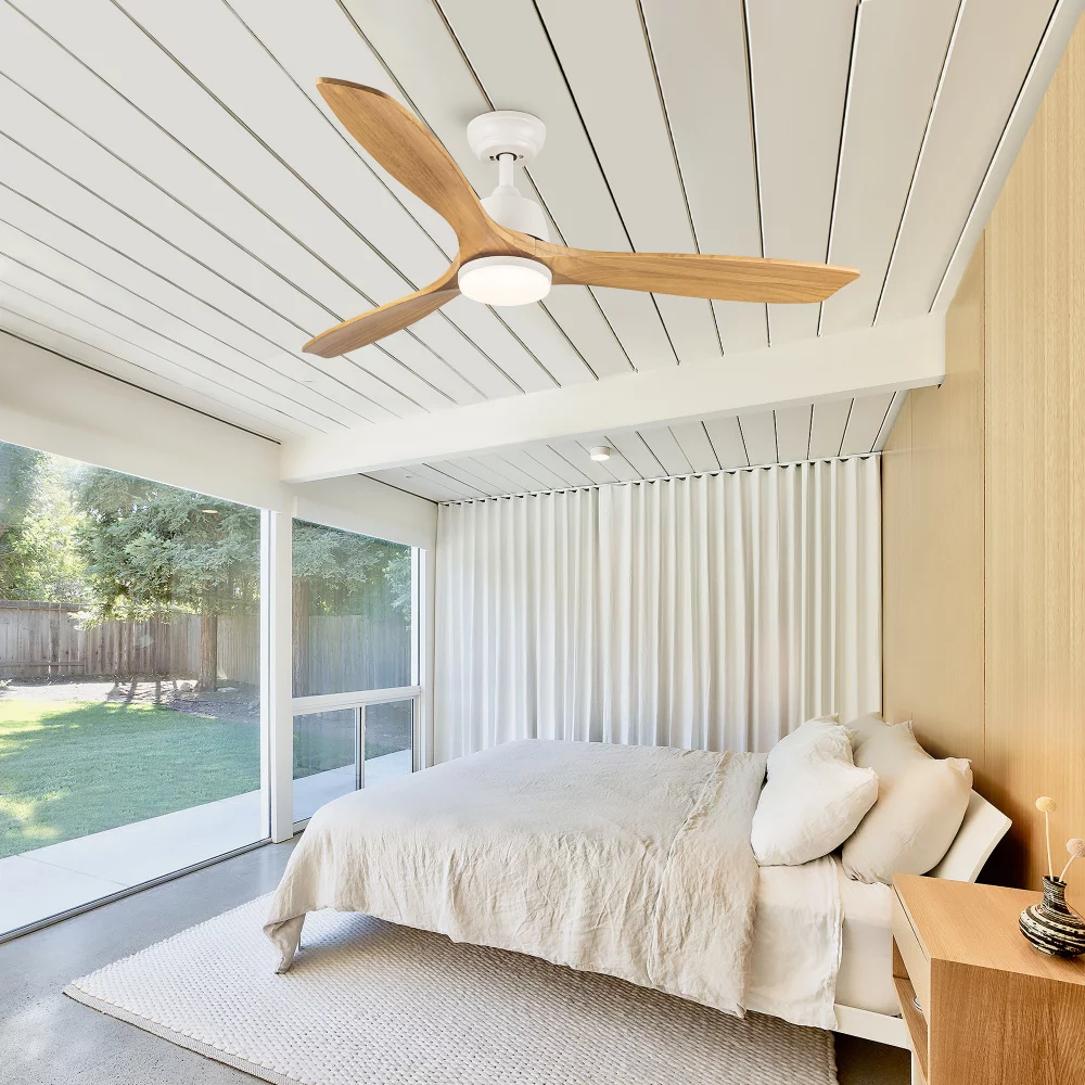 52'' Wood Ceiling Fan, Intergrated LED Ceiling Fan Lighting with Remote Control, Ceiling Fan with Solid Wood Ceiling Fan Blades and Noiseless Motor, Beige & Yellow