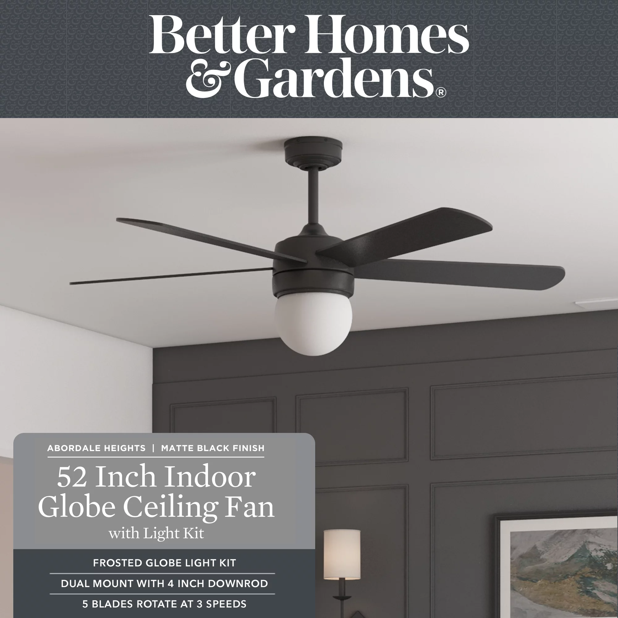 Better Homes & Gardens 52' Black Modern Indoor Ceiling Fan with Light, 5 Blades, Remote & Reverse Airflow