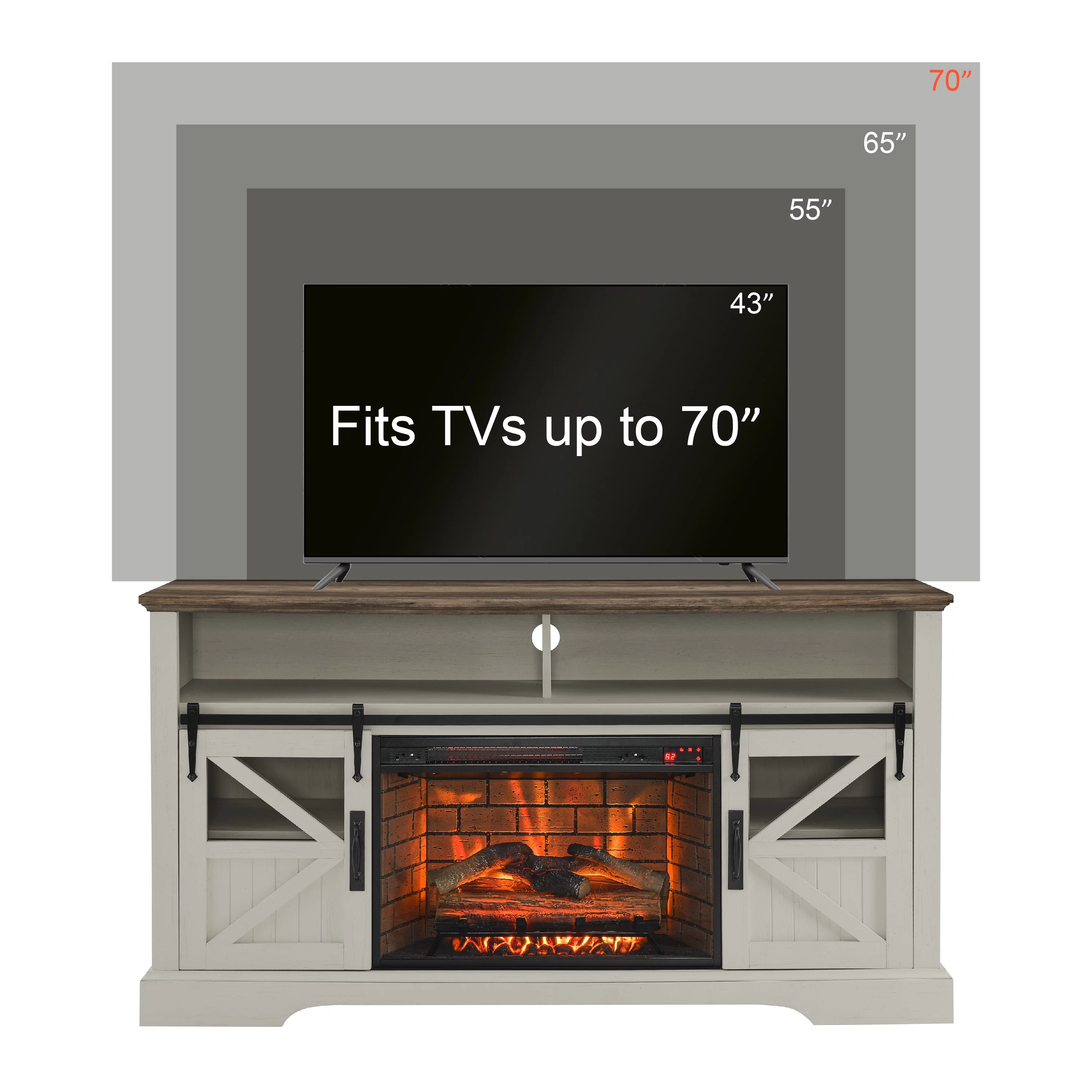 IETEK Fireplace TV Stand for TVs up to 70 inch, Farmhouse Wood Large Electric Fireplace Entertainment Center with Storage 2 Heating Mode and 4 Brightness for Living Room, Oak White