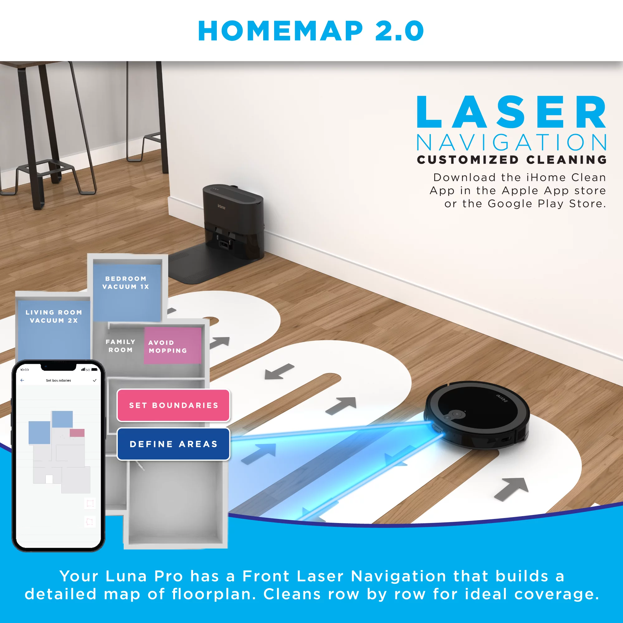 iHome AutoVac Luna Pro New 3-in-1 Robot Vacuum and Vibrating Mop with Auto Empty Base