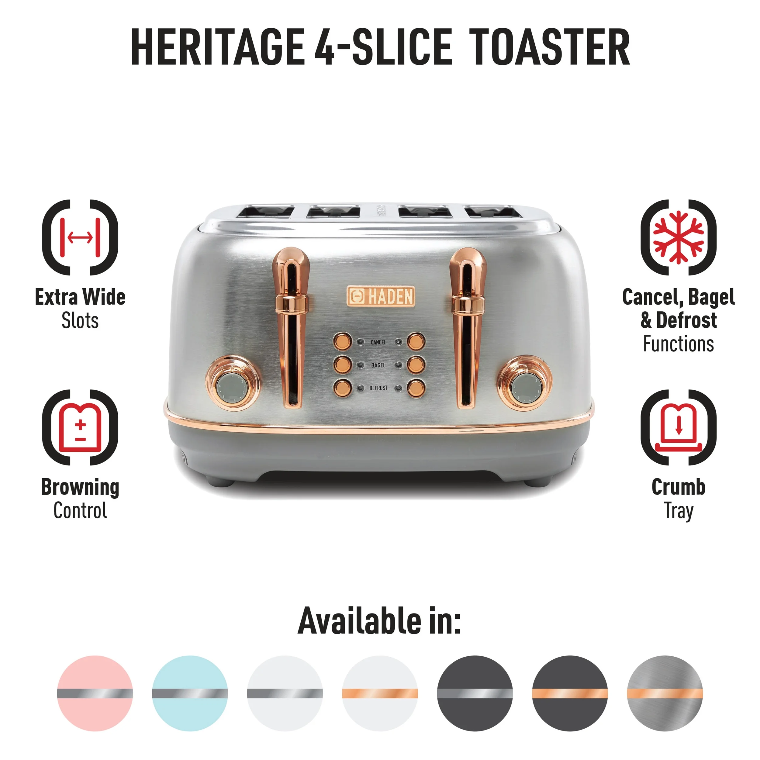Haden Heritage 4-Slice Wide Slot Toaster, Steel / Copper - 75104