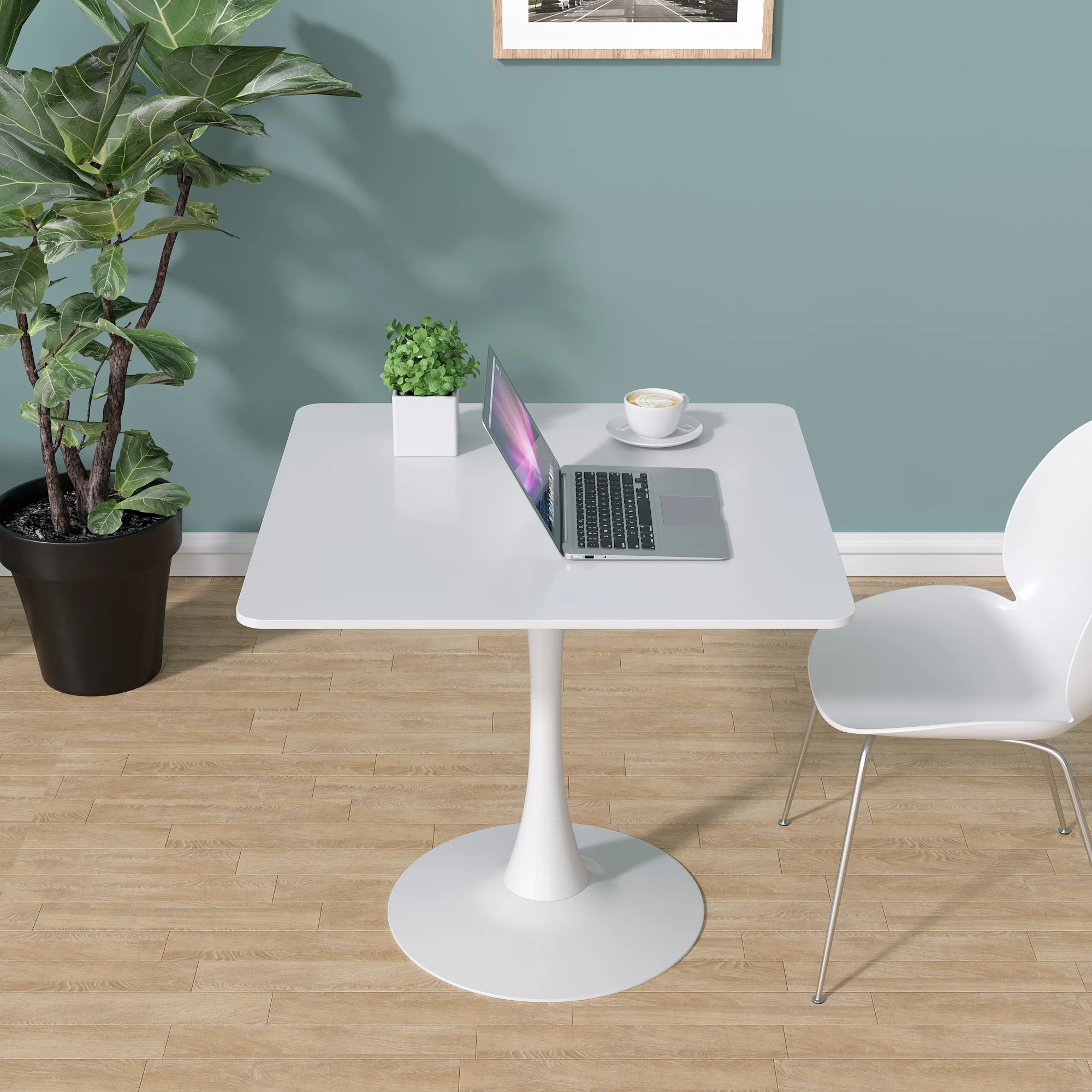 Jaxpety 31.5' Square Dining Table Mid-Century Tulip Style Coffee Table, Wood Tabletop and Metal Pedestal Base Bar Table, White