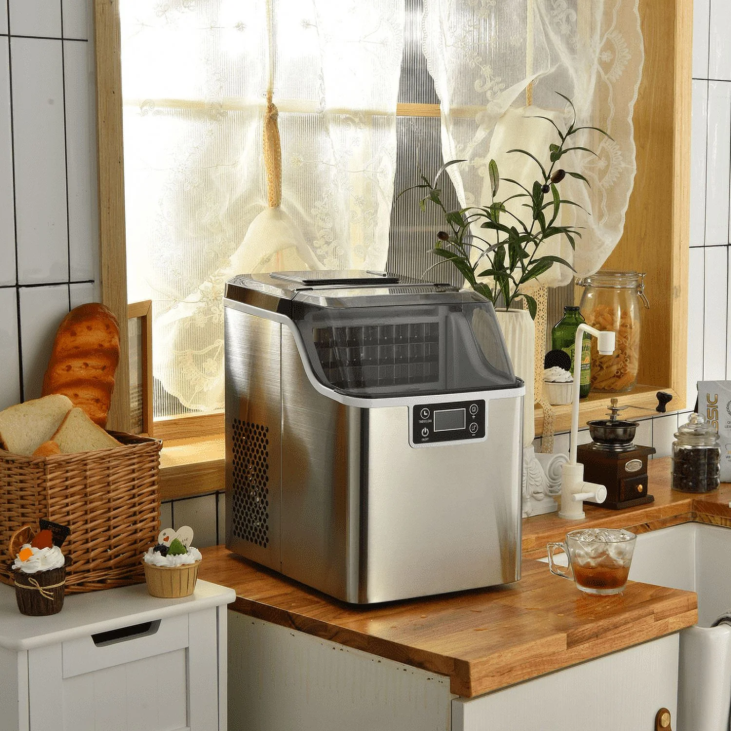 Kepooman Ice Maker, Commercial Ice Machine, Freestanding Ice Machine, Electric Countertop Ice Maker with Ice Scoop and Basket-Sliver