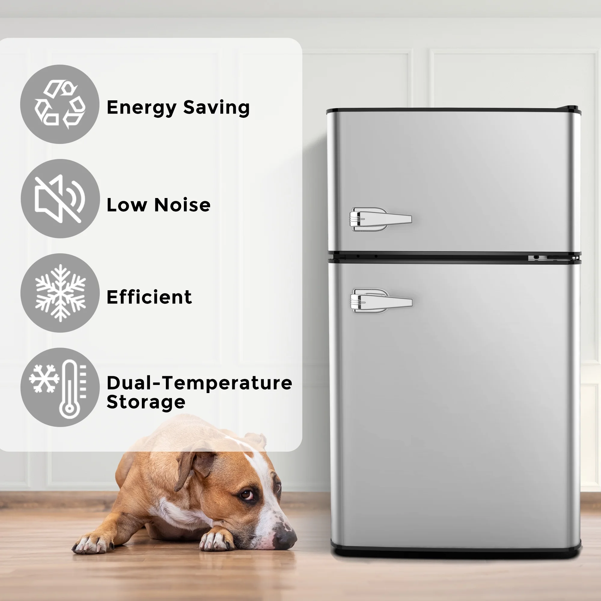 Besttey 3.1Cu.ft Two Door Mini Fridge with Freezer, Stainless Steel, Compact Size & Low Noise Defrost, 20'' Wide, Gray