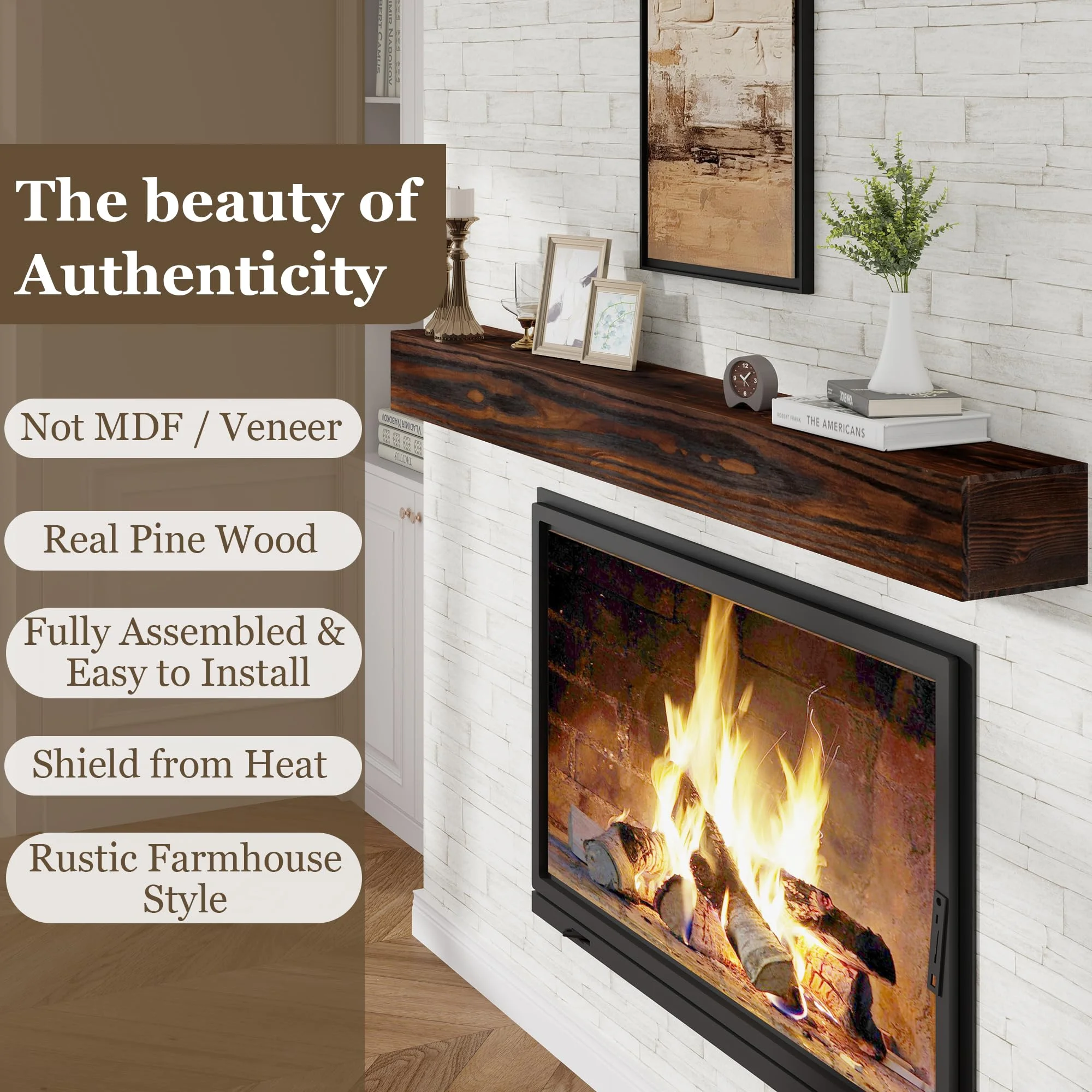 60in.Solid Wood Fireplace Mantel Wall Shelves Wall Mounted Floating Shelf 60'W x 6'H x 8'D, Espresso