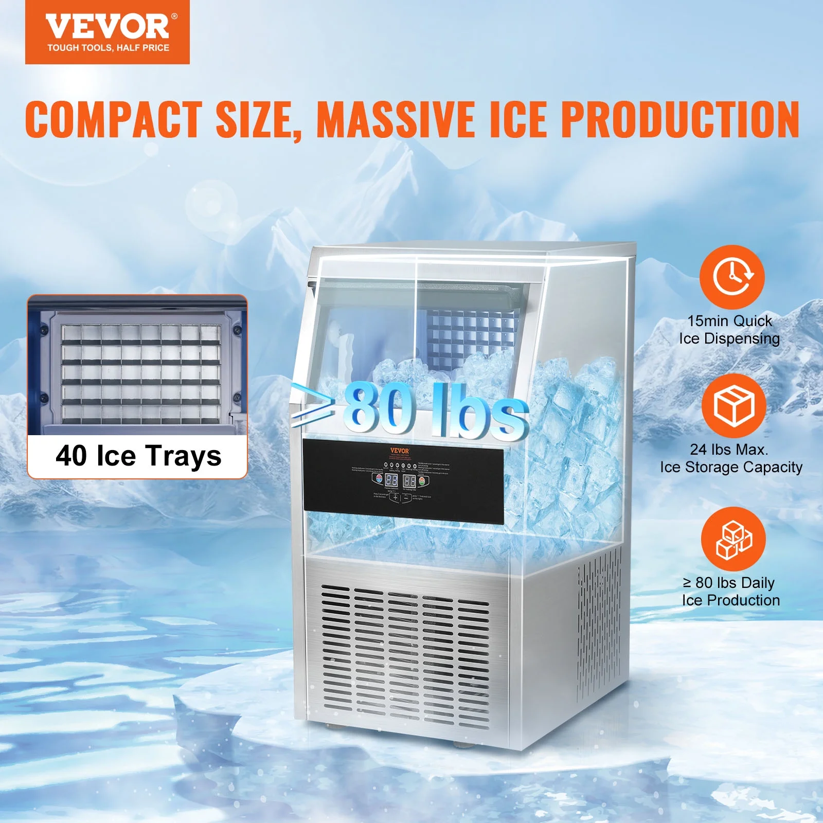 BENTISM 90Lbs/24H Commercial Ice Maker Ice Cube Machine 33LBS Bin Storagre LCD Stainless Steel Auto Clean for Bar Home Supermarkets Includes Scoop and Connection Hose