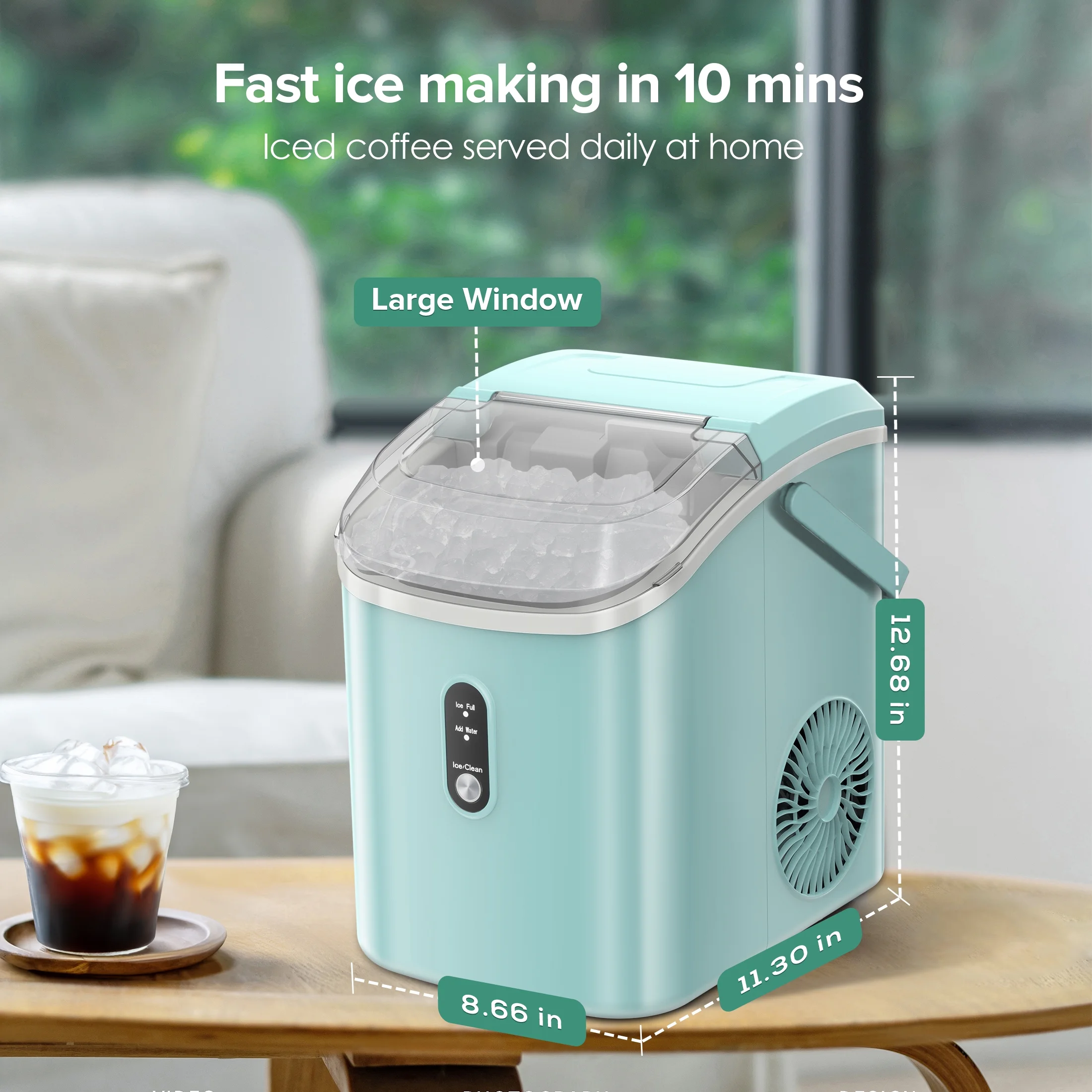 KISSAIR Nugget Ice Maker Countertop with Soft Chewable Pellet Ice, Portable Ice Machine with Handle, 34lbs/24H, One-Click Operation for Home/Party (Green)
