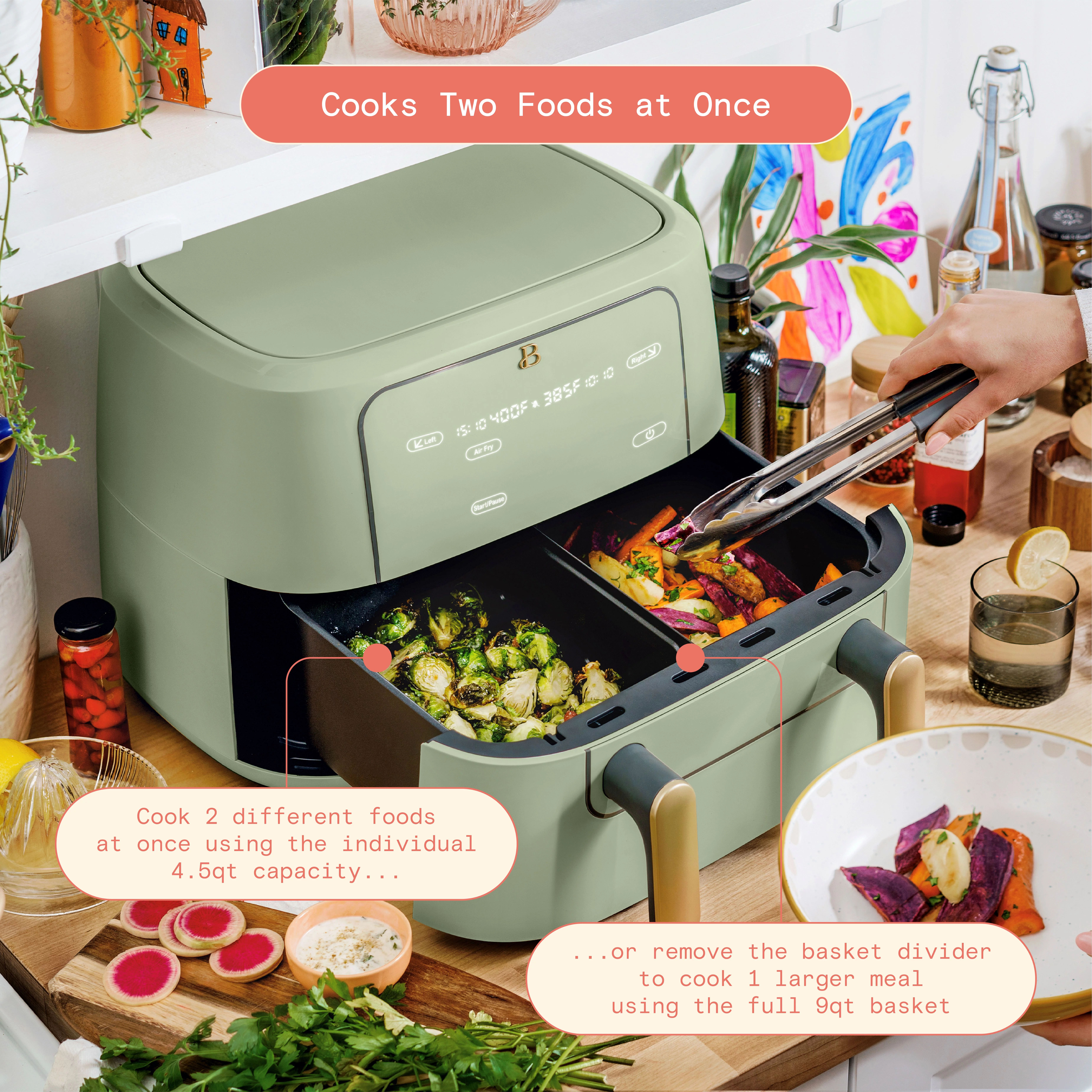 Beautiful 9 QT TriZone Air Fryer, Sage Green by Drew Barrymore