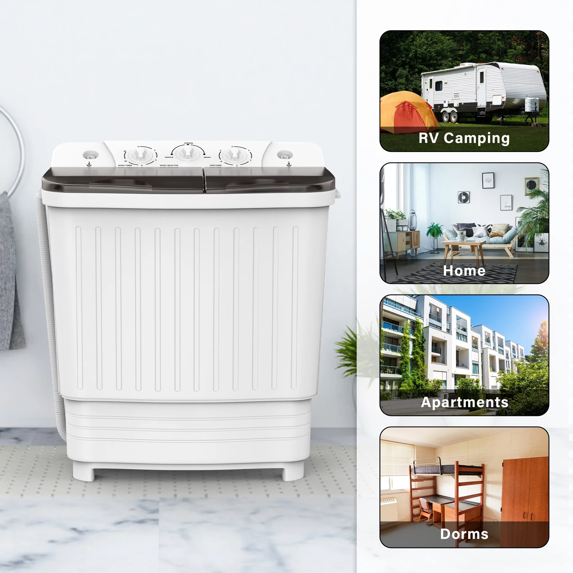 Iktch Portable Washer Machine And Dryer Twin Tub Washingmachine ,18Lbs Portable Washing Machine,White+ Black