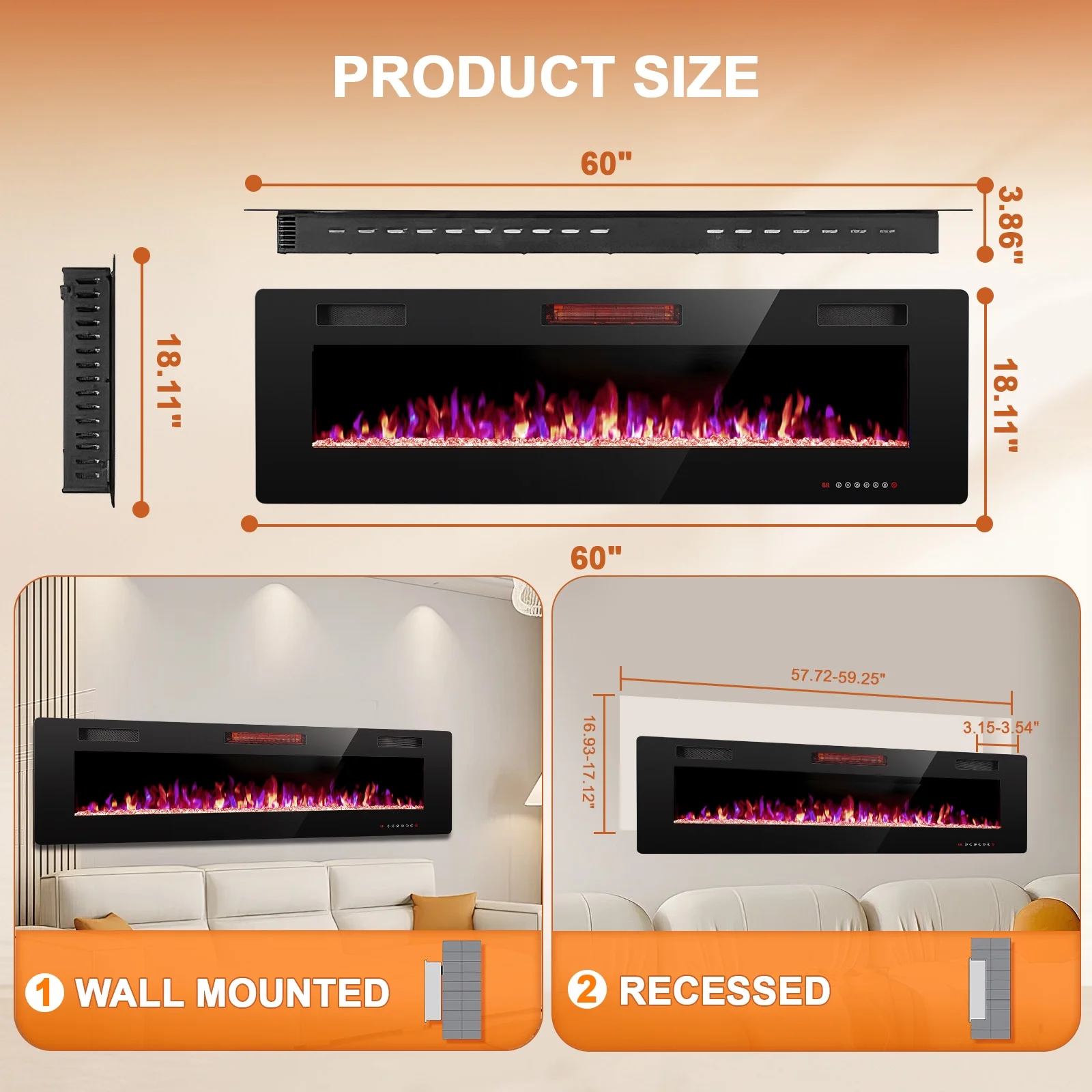 KISSAIR 60'' 1500W Wall Mounted Recessed Electric Fireplace,12 Flame Color Modes,Touch Screen & Remote Control,Ultra Thin & Low Noise
