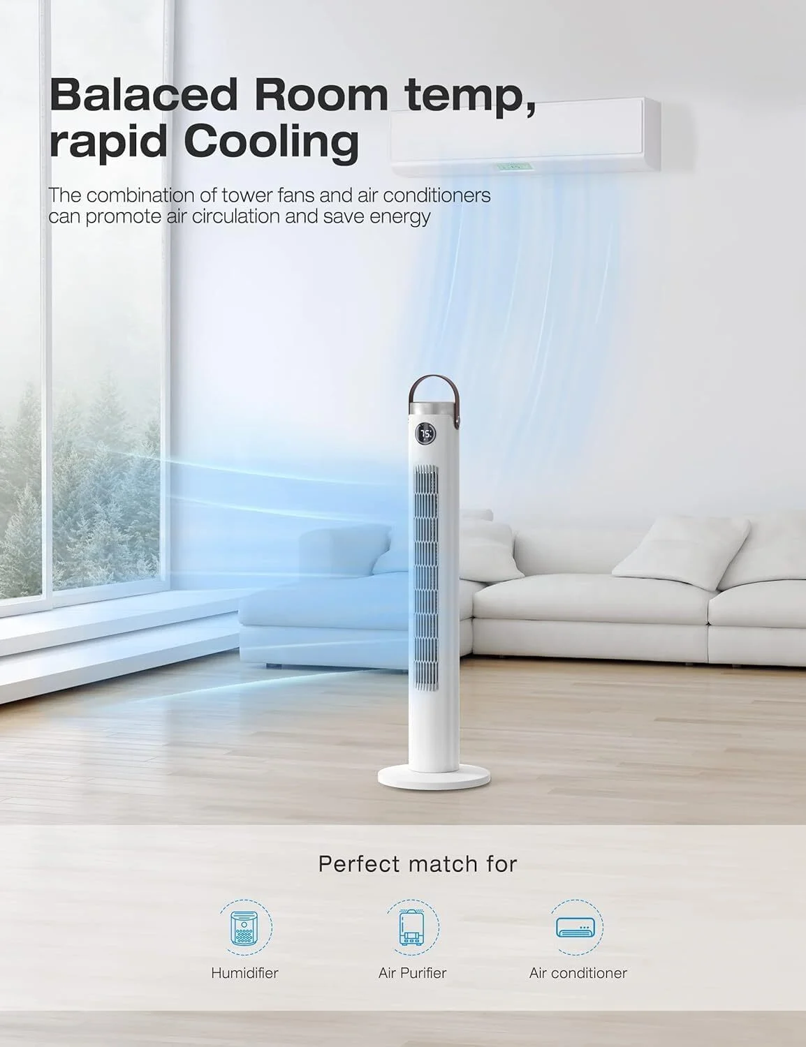 Homlixry Tower Fan, 46 Inch Bladeless Fan, 60�� Oscillating Fan, Quiet Floor Fan, w/ LED Display, 24H Timer, 3 Speeds 3 Modes, Standing Fans for Home Living Room Office, White