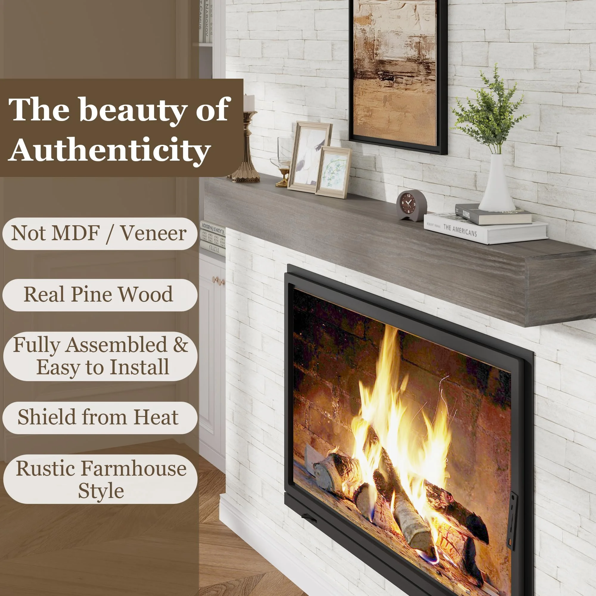 60in.Solid Wood Fireplace Mantel Wall Shelves Wall Mounted Floating Shelf 60'W x 6'H x 8'D, Ash Gray