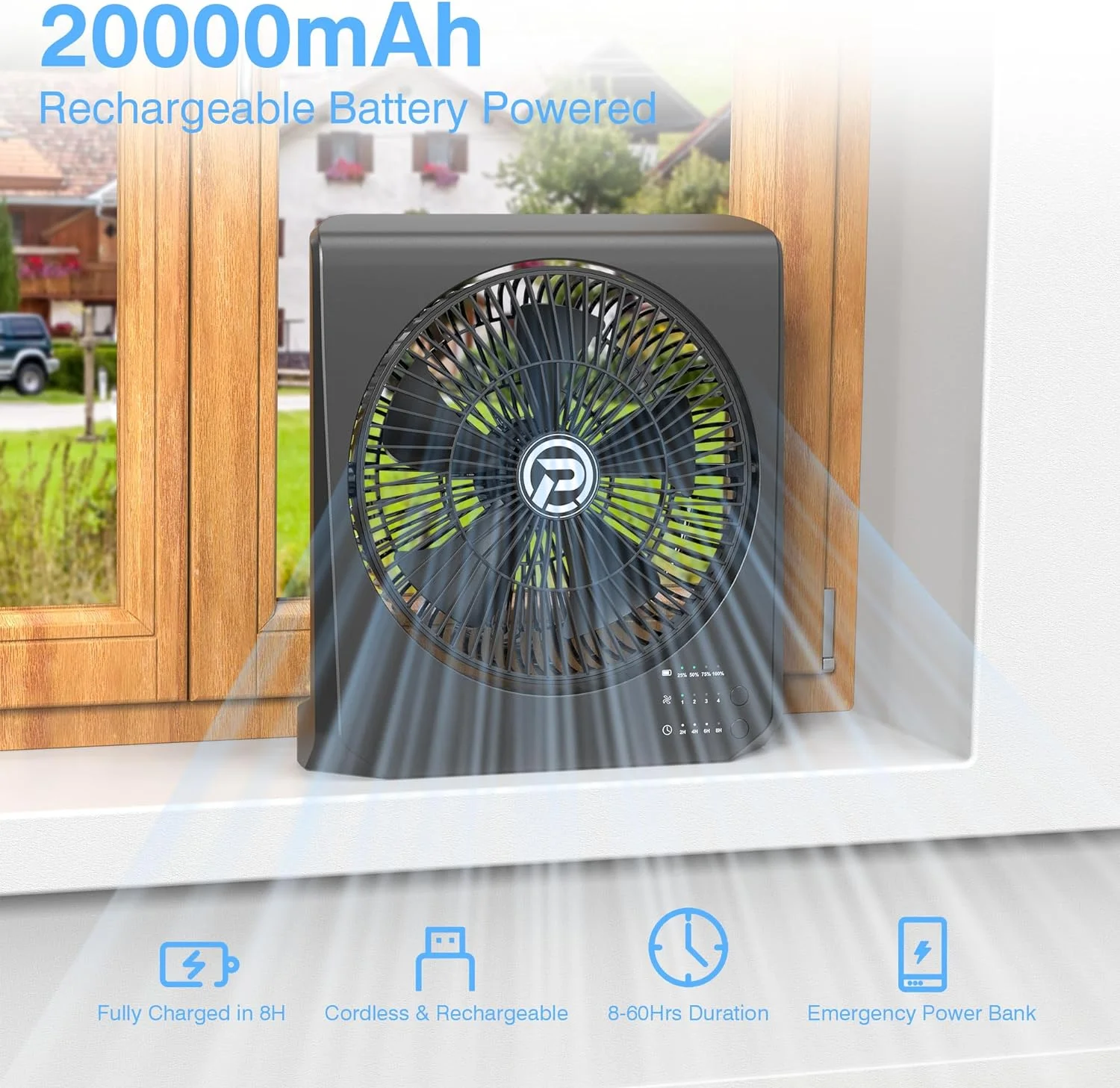 Box Fan, 20000mAh Rechargeable Battery Powered Window fan, 10' Quiet Small Box Fan for Window, 4 Speeds Square Fan for Bedroom Kitchen Office, 210�� Pivoting Table Fan with Remote for Desk