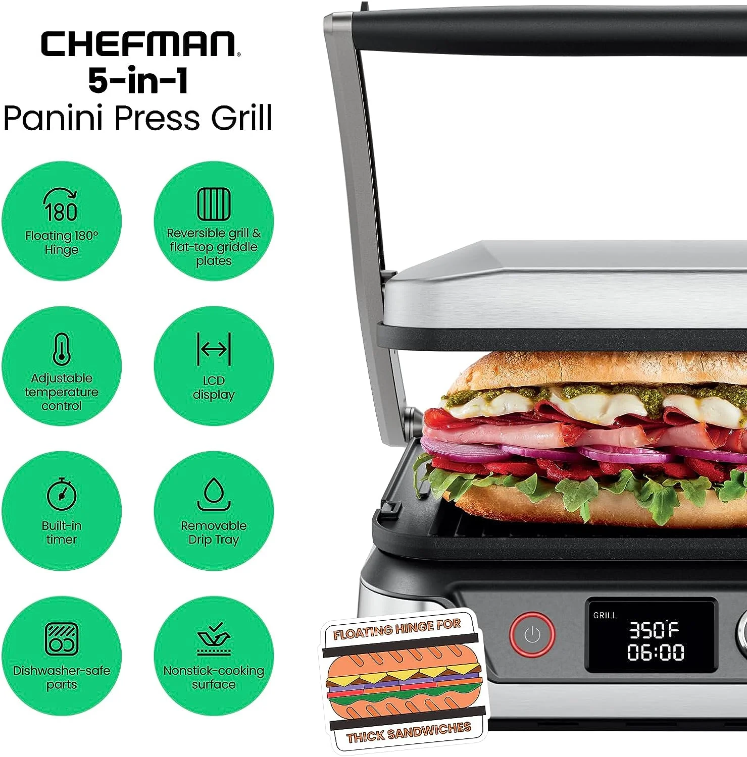 Chefman 5 in 1 Panini Press Grill with Reversable Non-Stick Plates, Opens Flat - Stainless Steel, New