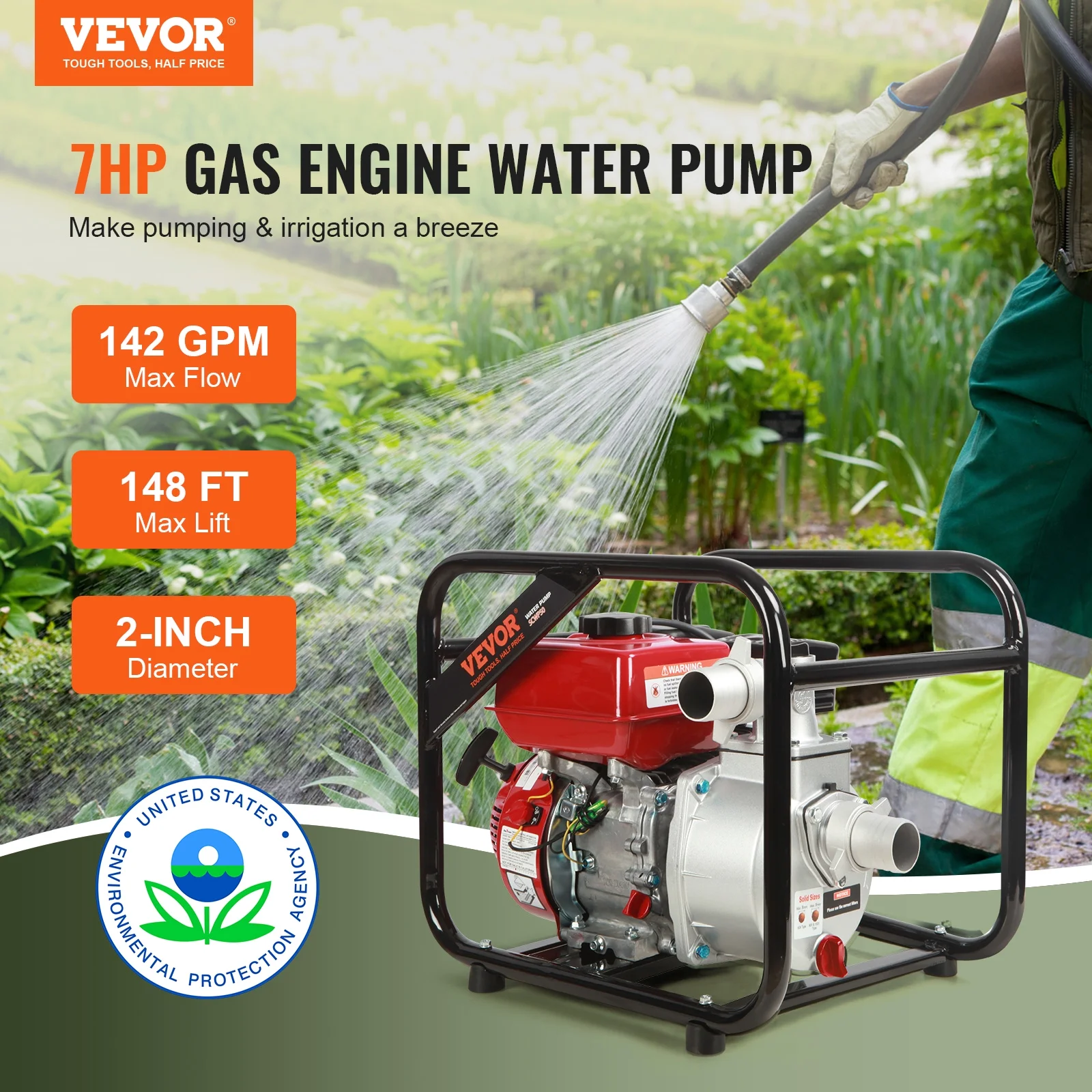 BENTISM 2' 7HP 4-Stroke Gasoline Engine Water Pump Gas Powered Water Transfer Pump
