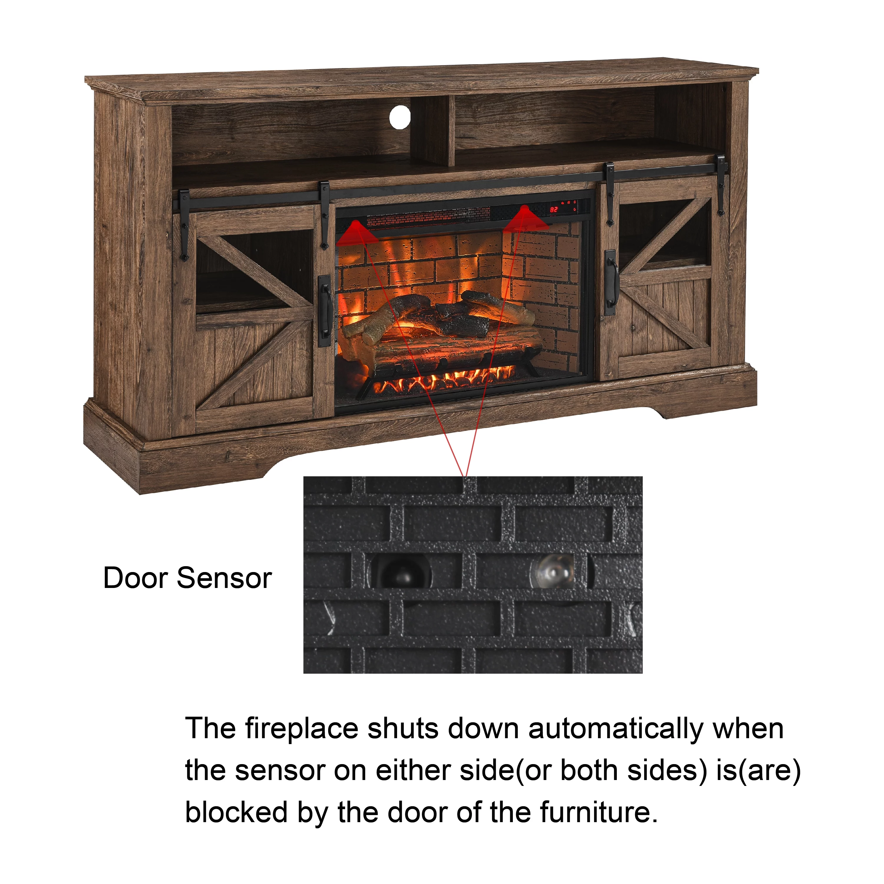 IETEK Fireplace TV Stand for TVs up to 70 inch, Farmhouse Wood Electric Fireplace Entertainment Center with Storage 2 Heating Mode and 4 Brightness for Living Room, Oak Brown